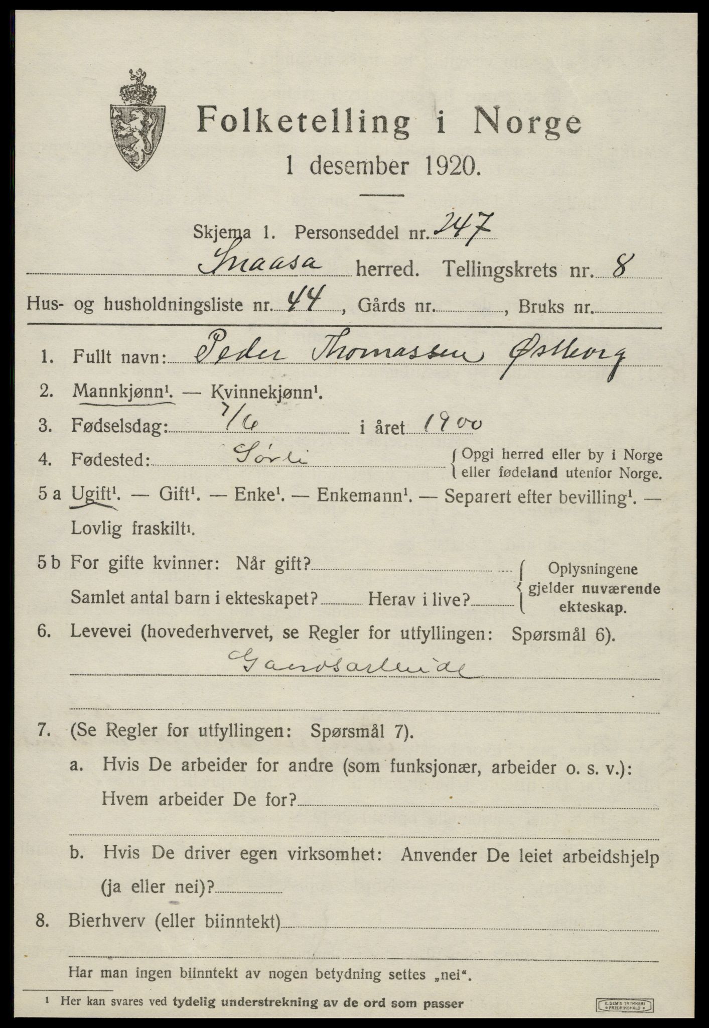 SAT, 1920 census for Snåsa, 1920, p. 3666