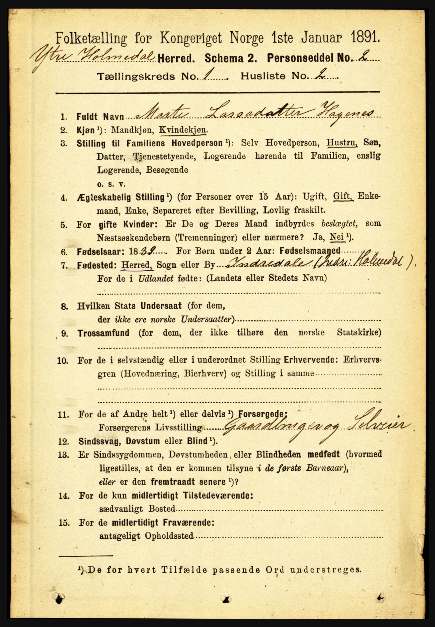 RA, 1891 census for 1429 Ytre Holmedal, 1891, p. 91