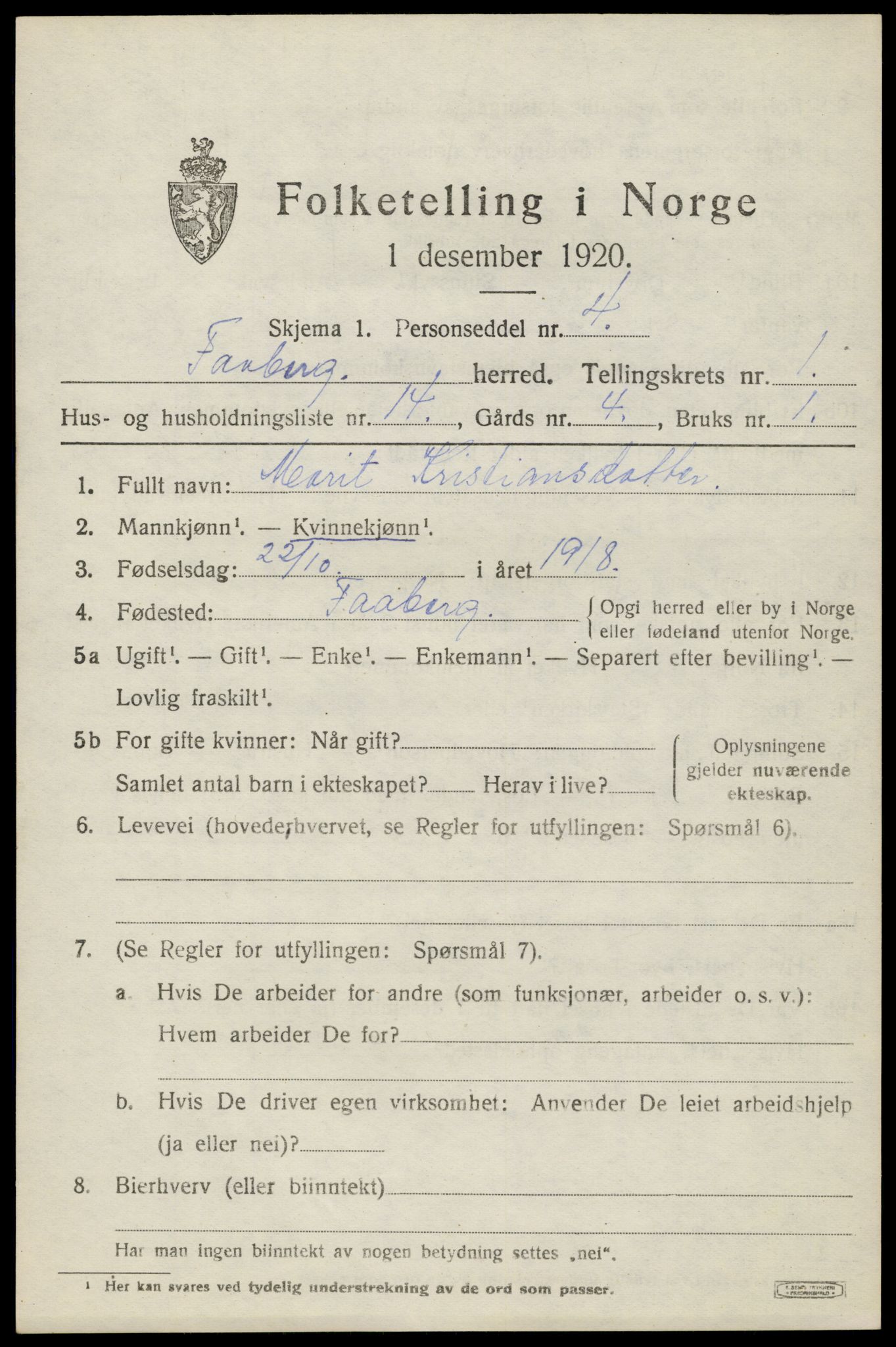 SAH, 1920 census for Fåberg, 1920, p. 2410