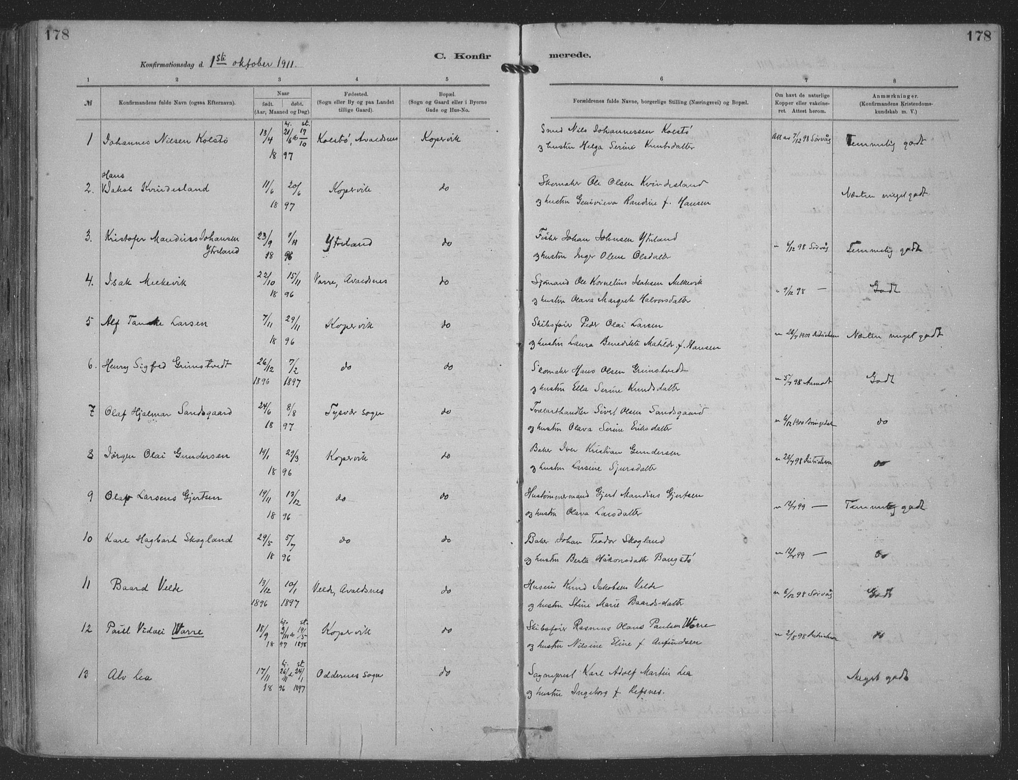 Kopervik sokneprestkontor, AV/SAST-A-101850/H/Ha/Haa/L0001: Parish register (official) no. A 1, 1880-1919, p. 178