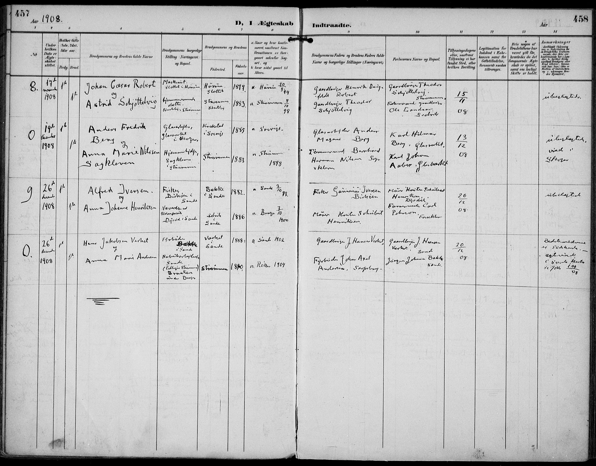 Strømm kirkebøker, AV/SAKO-A-322/F/Fa/L0005: Parish register (official) no. I 5, 1898-1919, p. 457-458