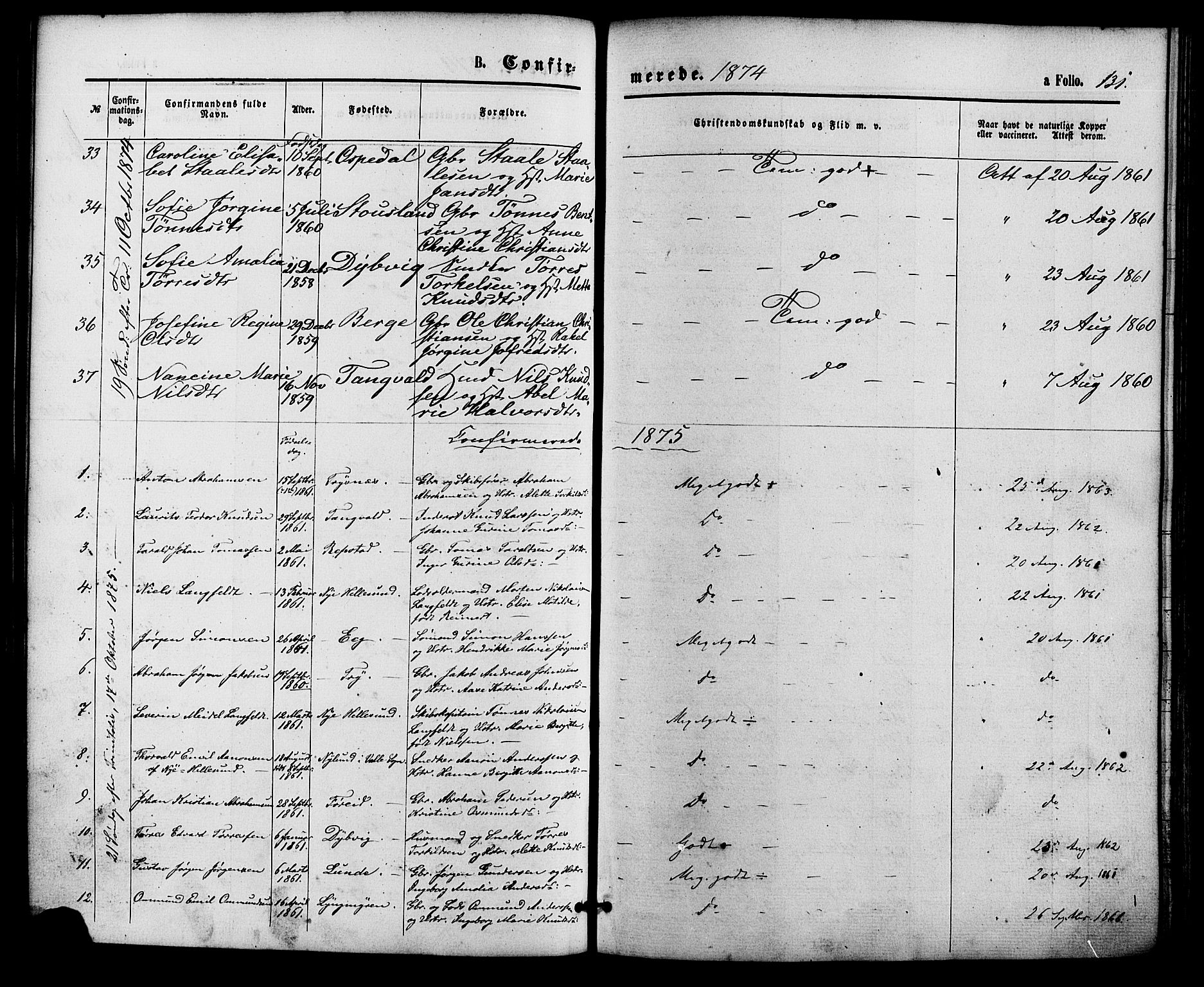 Søgne sokneprestkontor, SAK/1111-0037/F/Fa/Fab/L0011: Parish register (official) no. A 11, 1869-1879, p. 131
