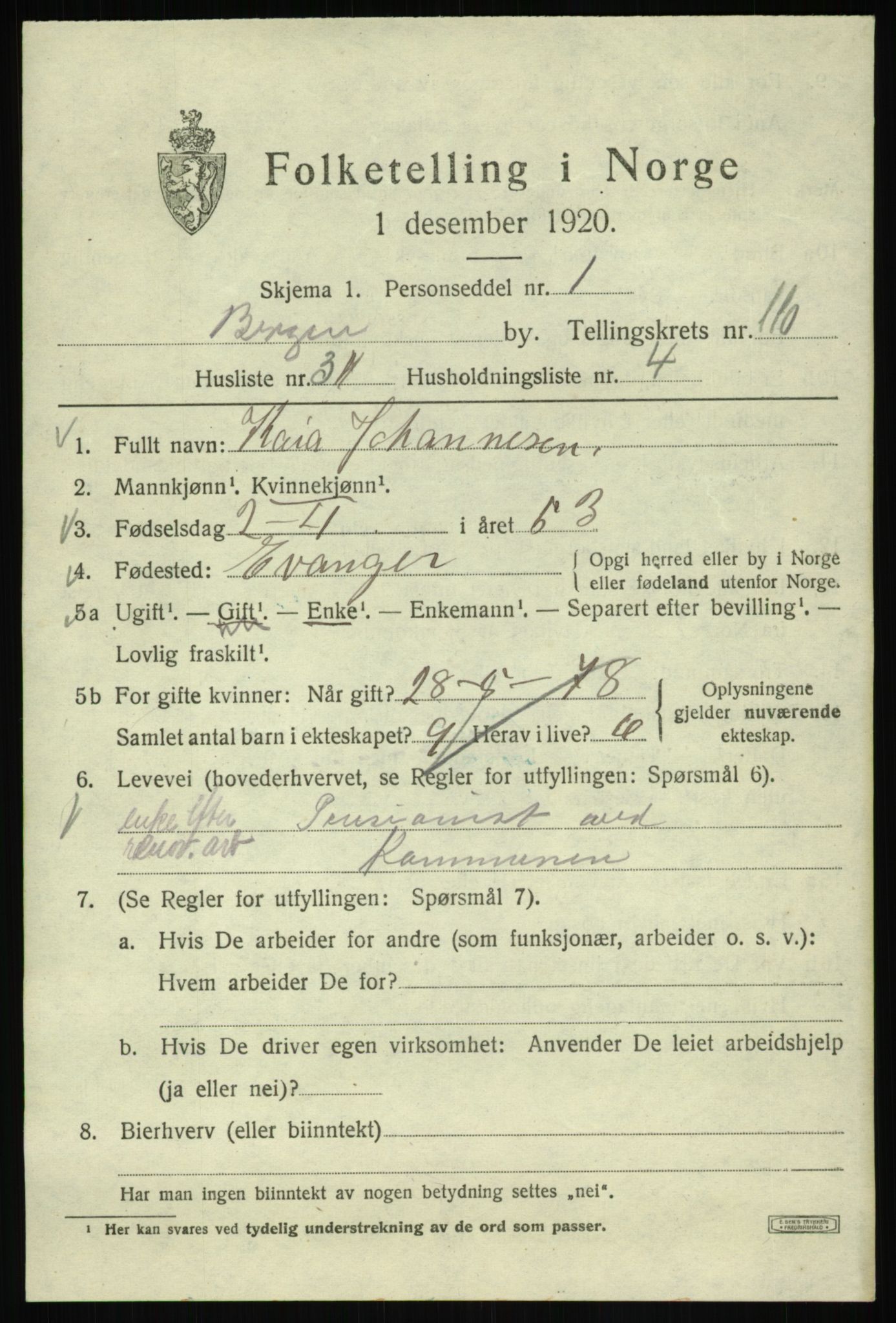 SAB, 1920 census for Bergen, 1920, p. 190432