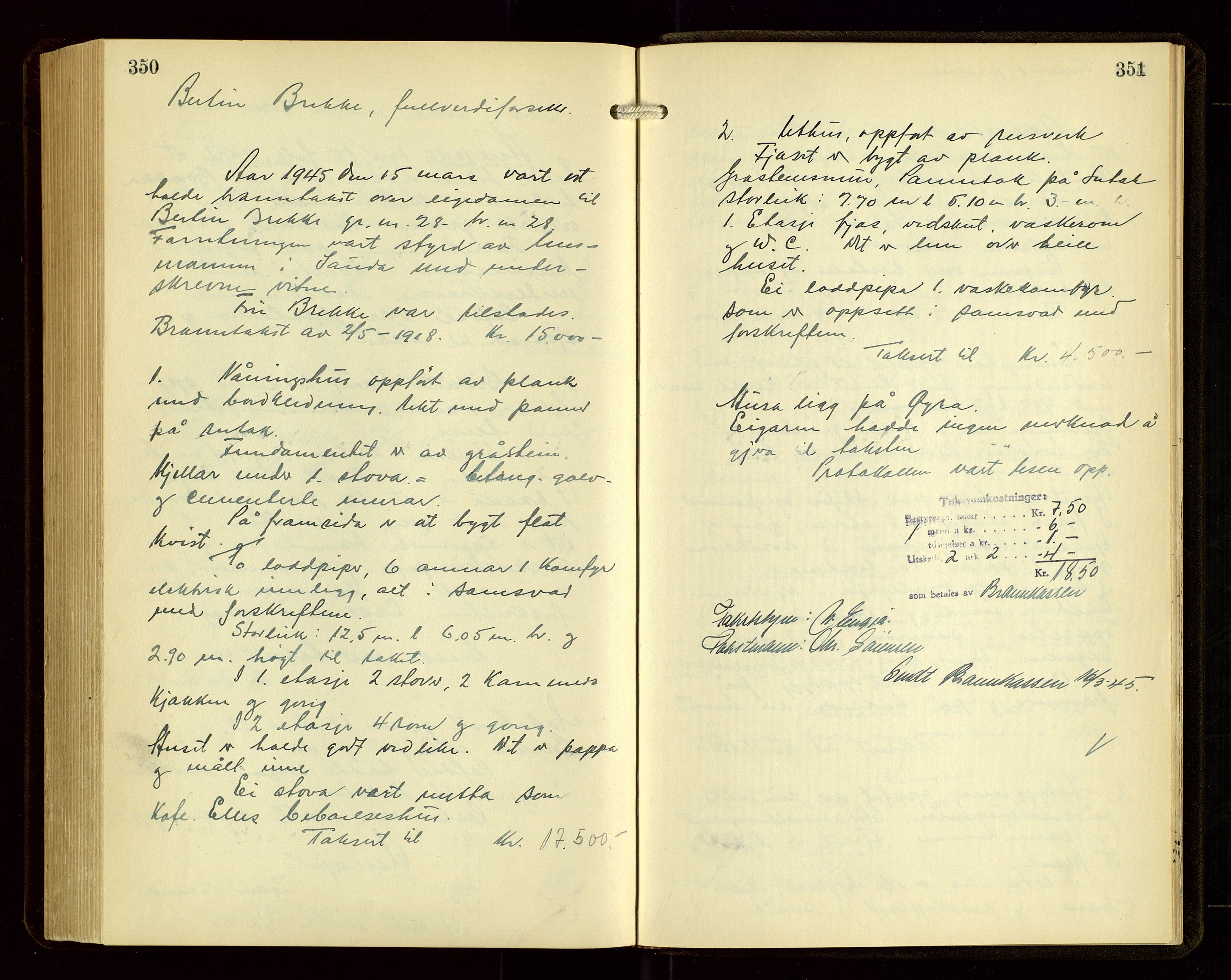 Sauda lensmannskontor, SAST/A-100177/Goa/L0004: "Brandtakstprotokoll for Sauda lensmannsdistrikt", 1934-1946, p. 350-351