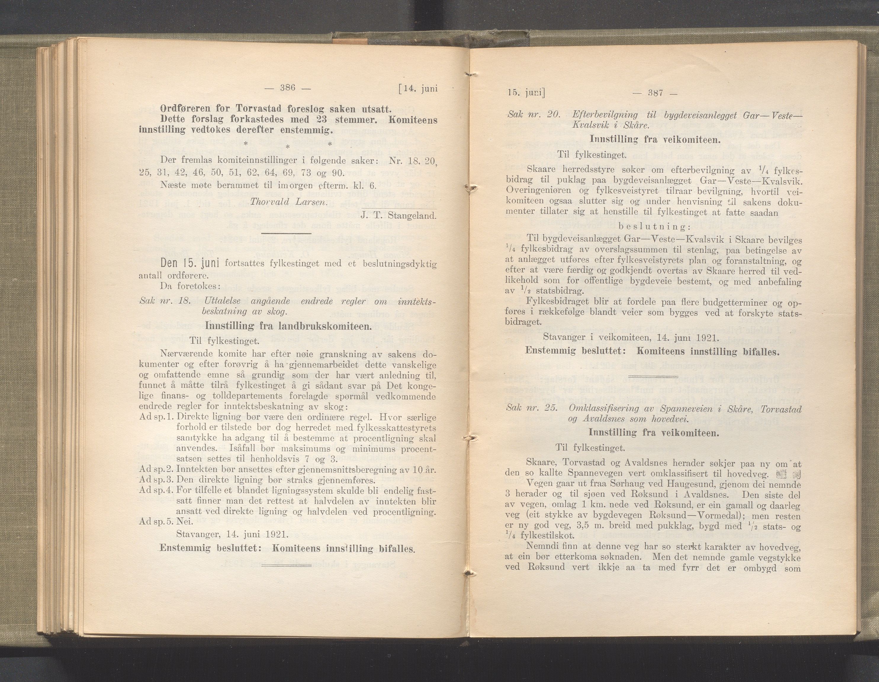 Rogaland fylkeskommune - Fylkesrådmannen , IKAR/A-900/A/Aa/Aaa/L0040: Møtebok , 1921, p. 386-387