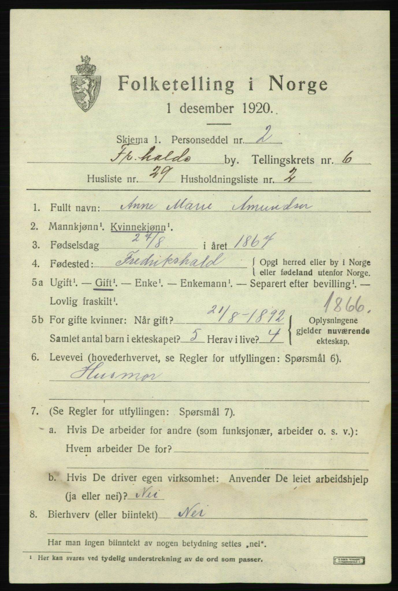 SAO, 1920 census for Fredrikshald, 1920, p. 13768