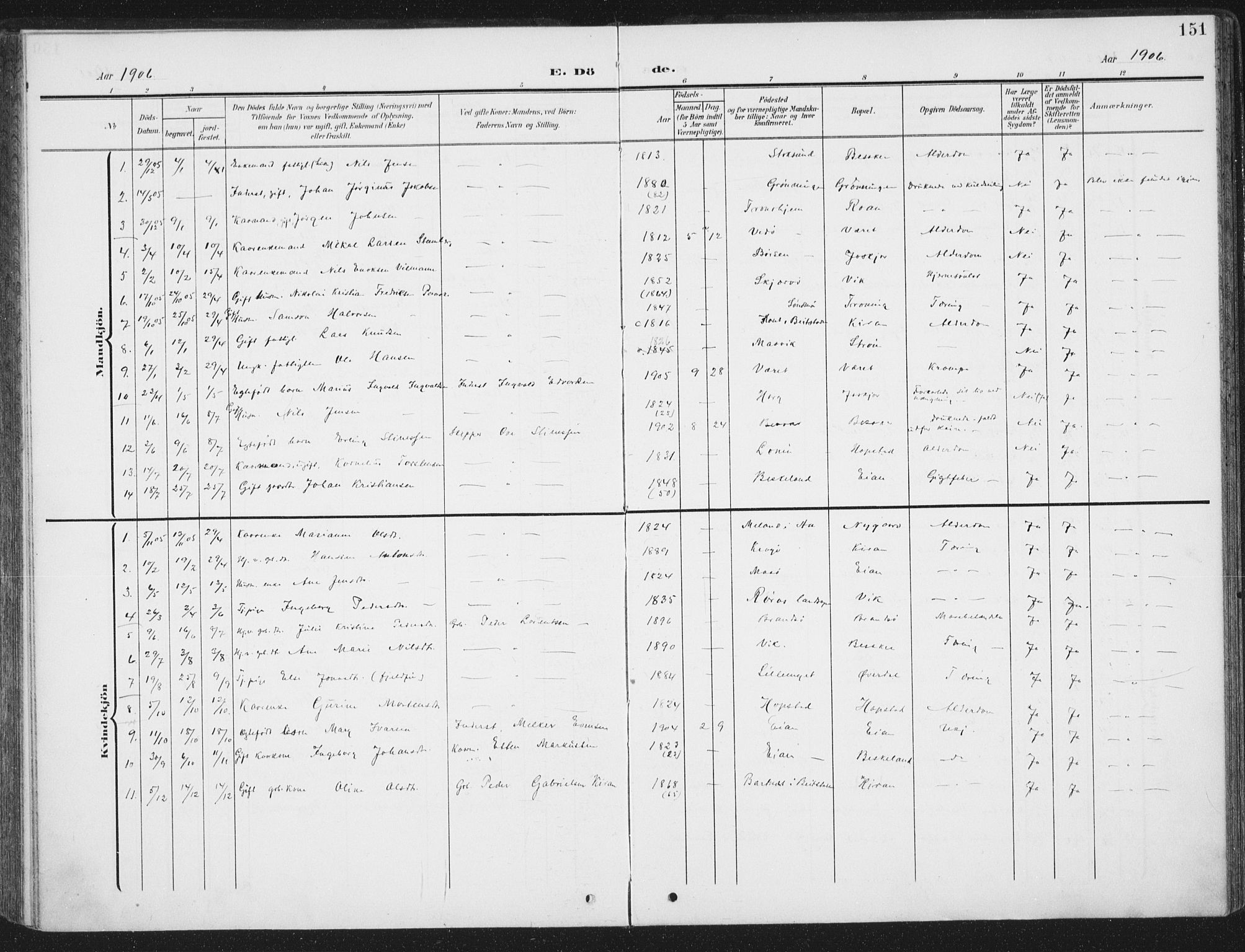Ministerialprotokoller, klokkerbøker og fødselsregistre - Sør-Trøndelag, SAT/A-1456/657/L0709: Parish register (official) no. 657A10, 1905-1919, p. 151