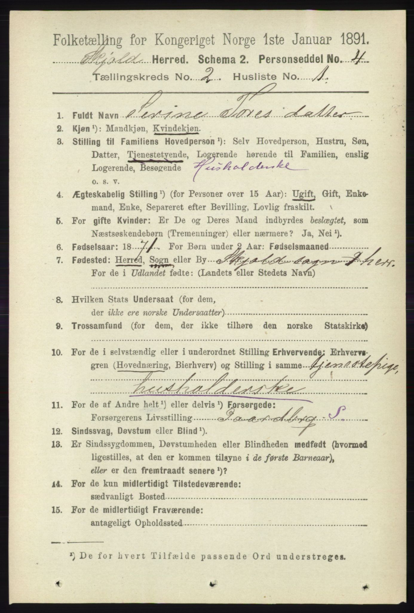 RA, 1891 census for 1154 Skjold, 1891, p. 286