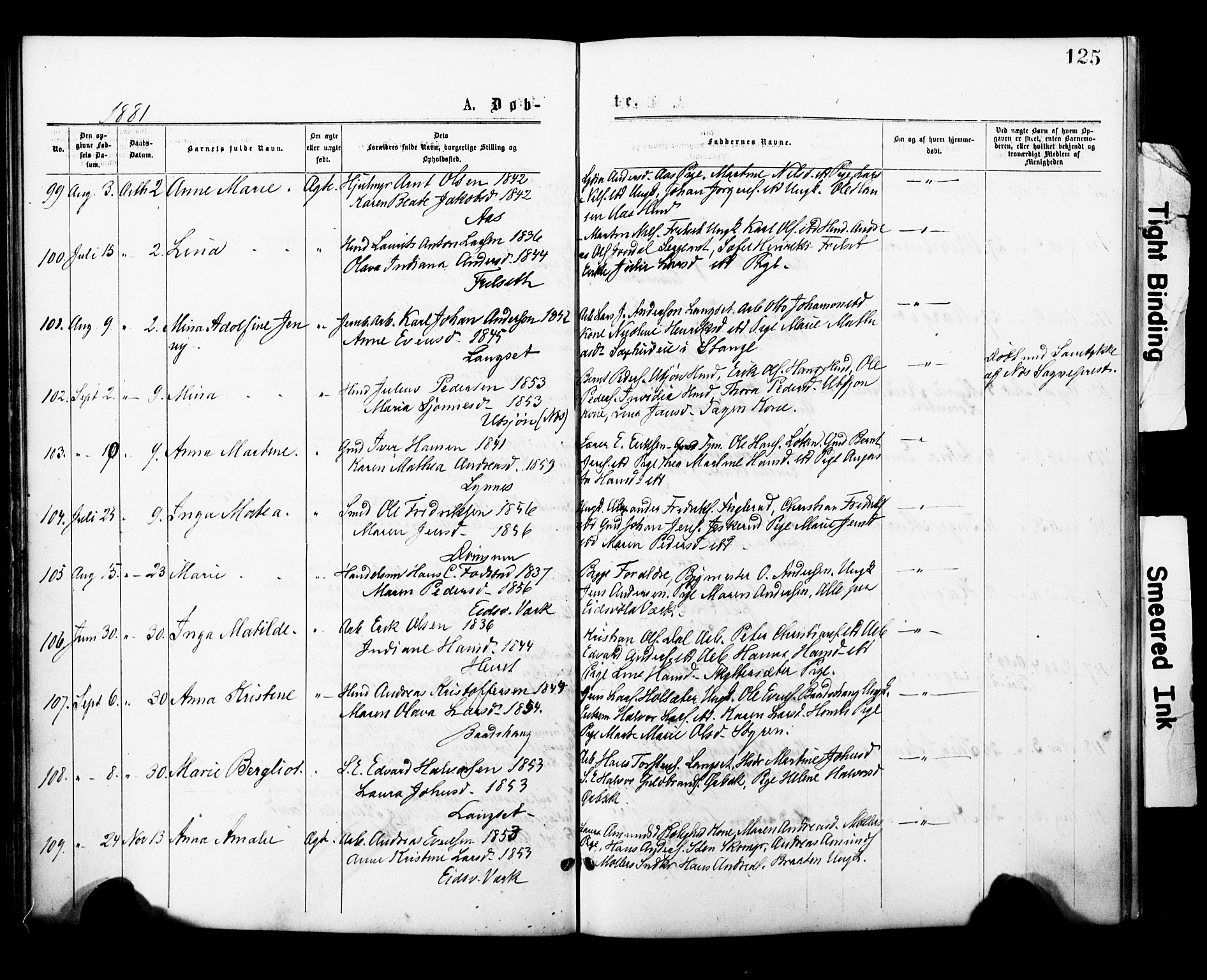 Eidsvoll prestekontor Kirkebøker, AV/SAO-A-10888/F/Fa/L0001: Parish register (official) no. I 1, 1877-1881, p. 125