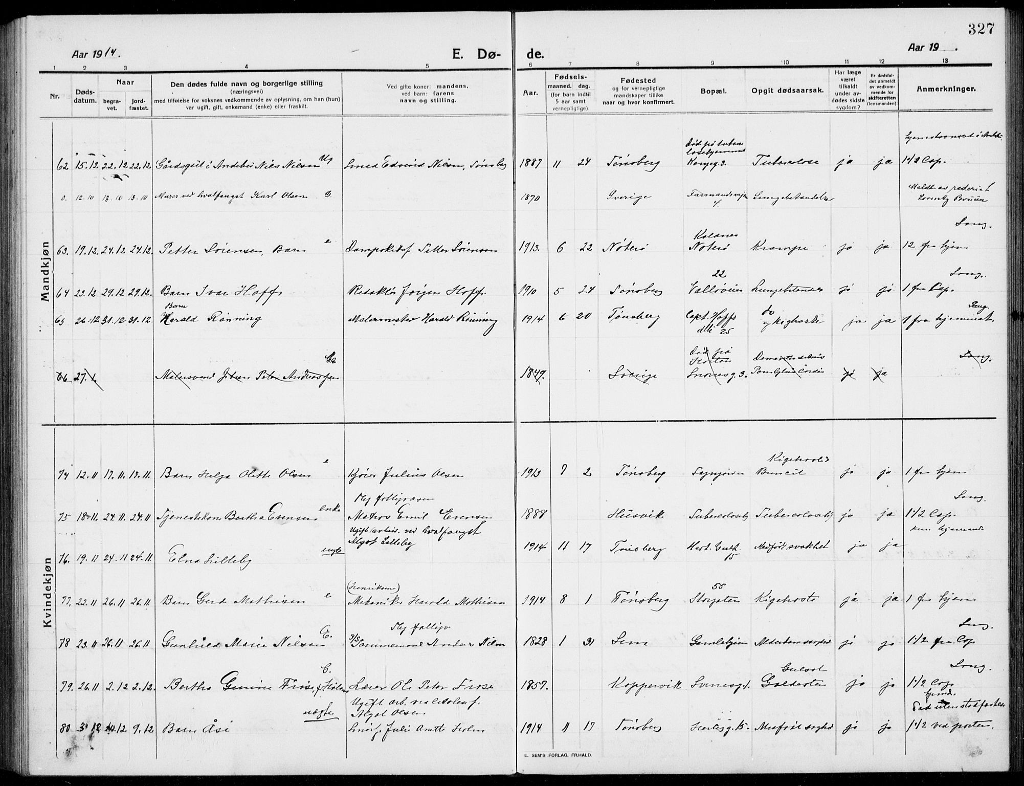 Tønsberg kirkebøker, SAKO/A-330/G/Ga/L0009: Parish register (copy) no. 9, 1913-1920, p. 327