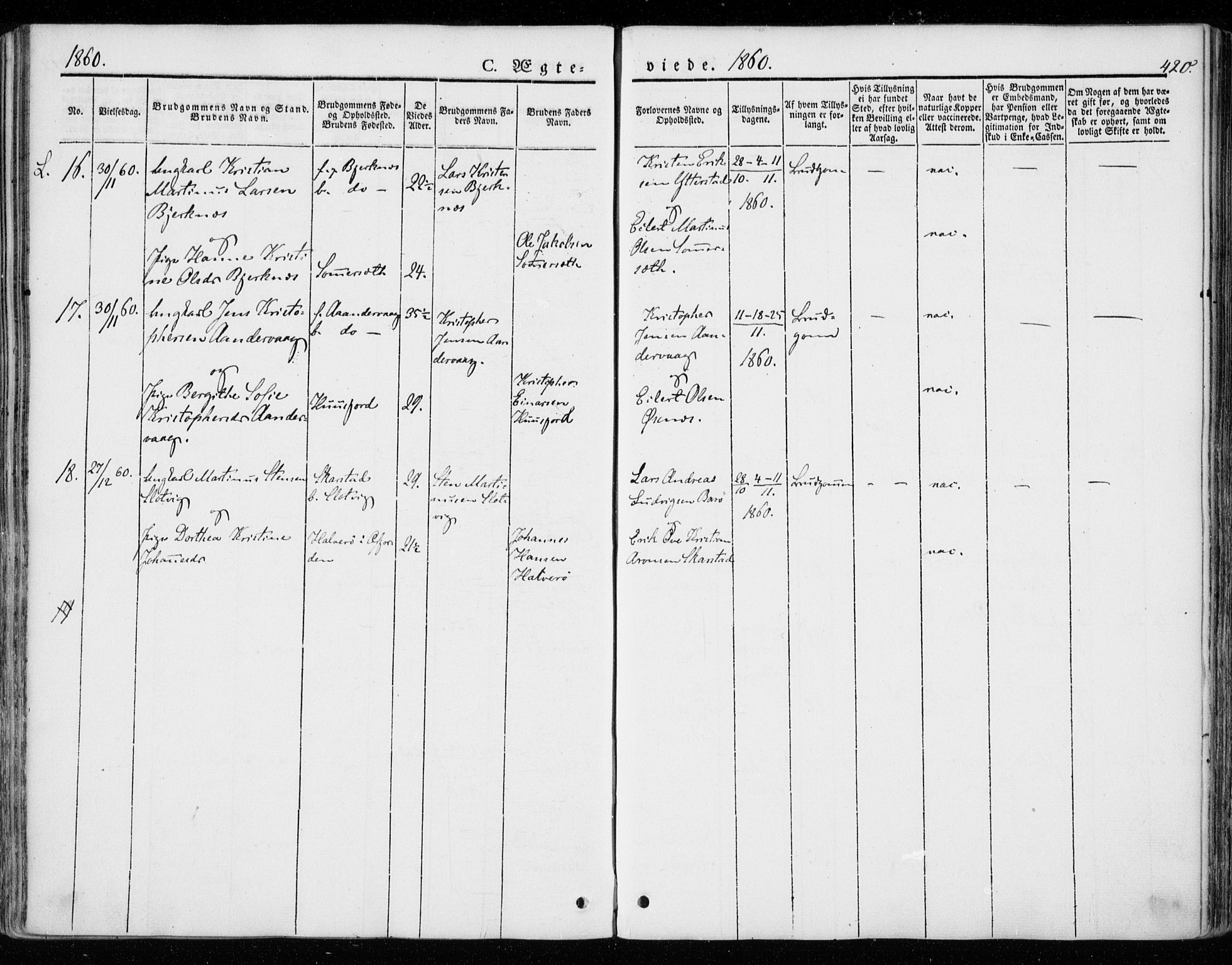 Ministerialprotokoller, klokkerbøker og fødselsregistre - Nordland, AV/SAT-A-1459/872/L1033: Parish register (official) no. 872A08, 1840-1863, p. 420