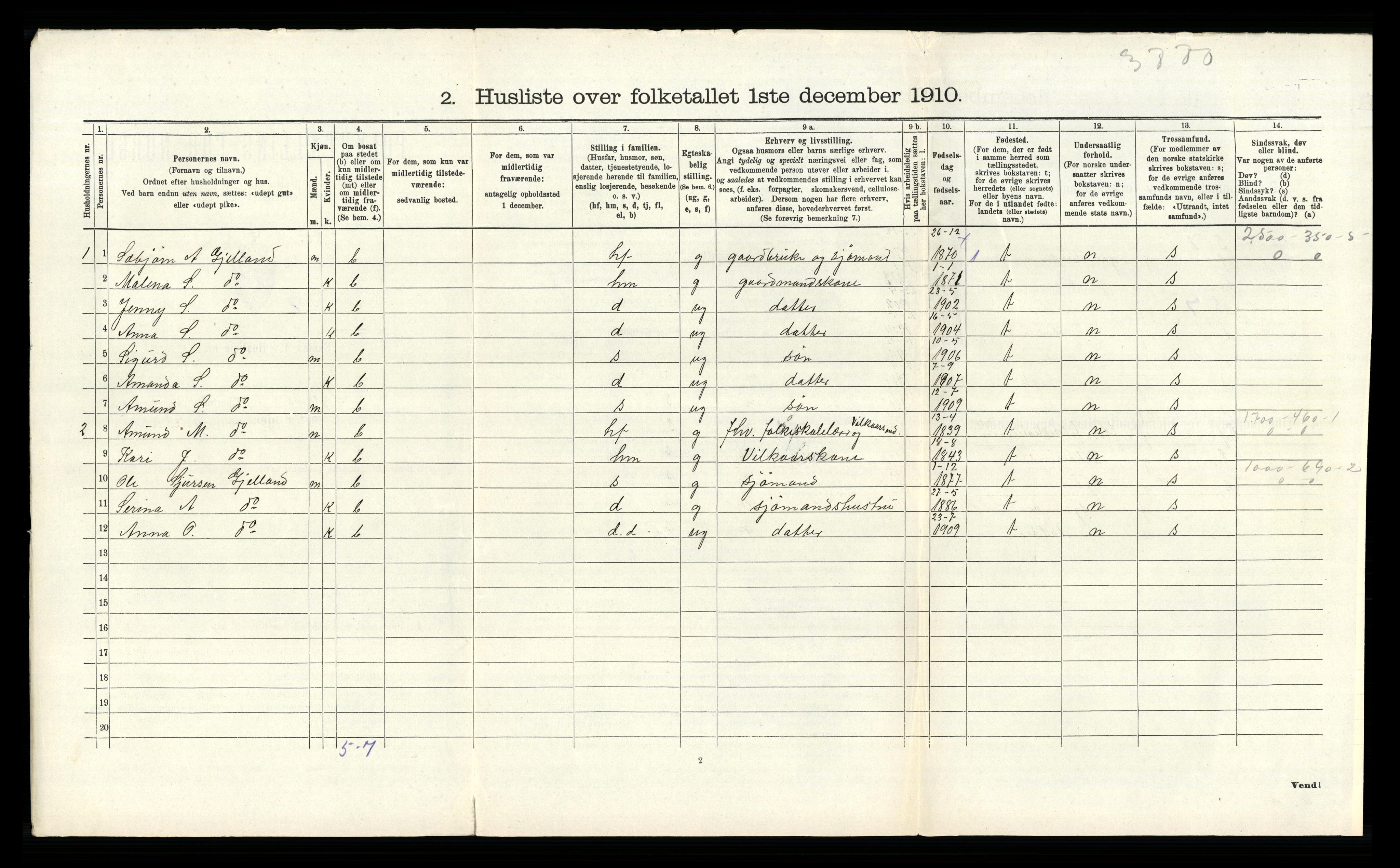 RA, 1910 census for Tysnes, 1910, p. 827