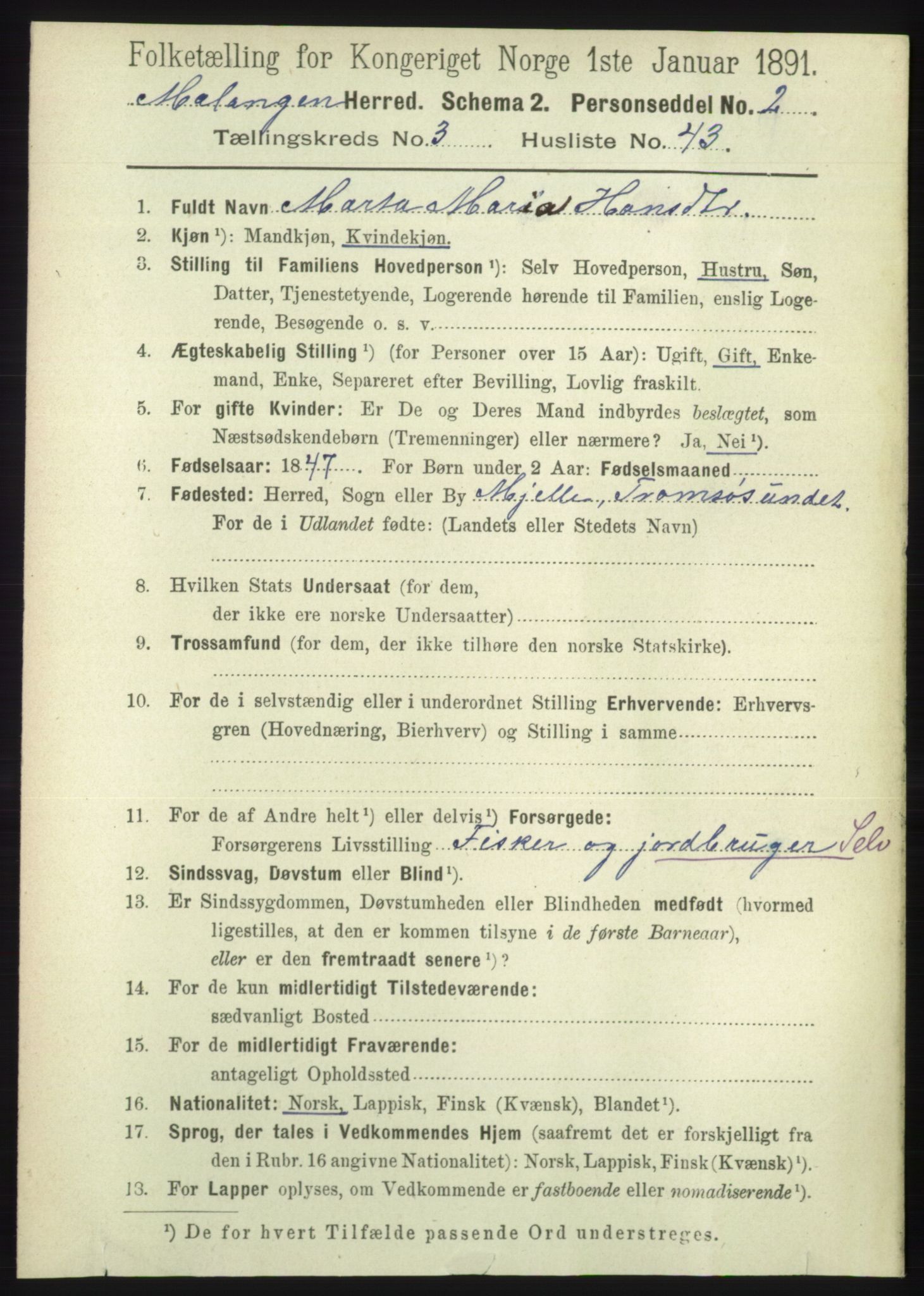 RA, 1891 census for 1932 Malangen, 1891, p. 1028