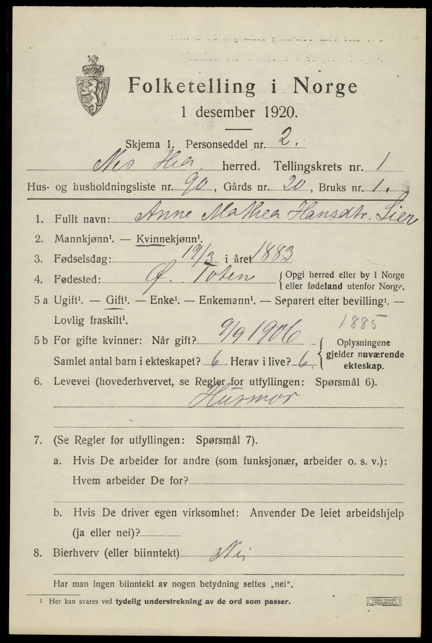 SAH, 1920 census for Nes (Hedmark), 1920, p. 2528