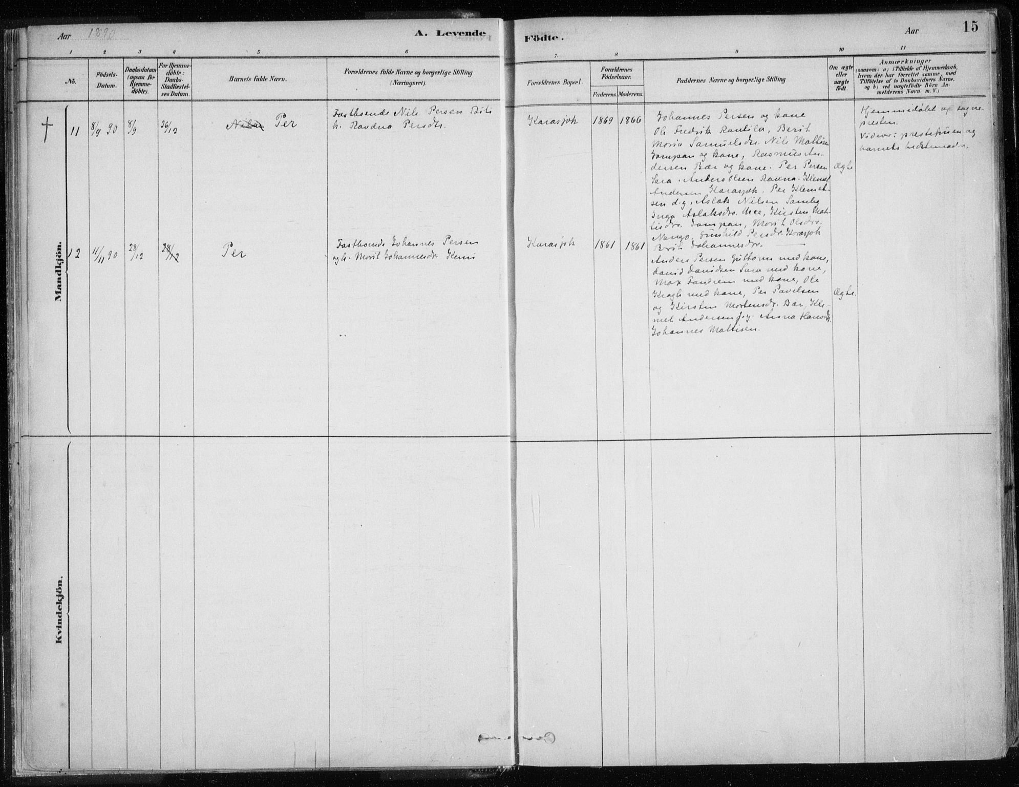 Karasjok sokneprestkontor, AV/SATØ-S-1352/H/Ha/L0002kirke: Parish register (official) no. 2, 1885-1906, p. 15