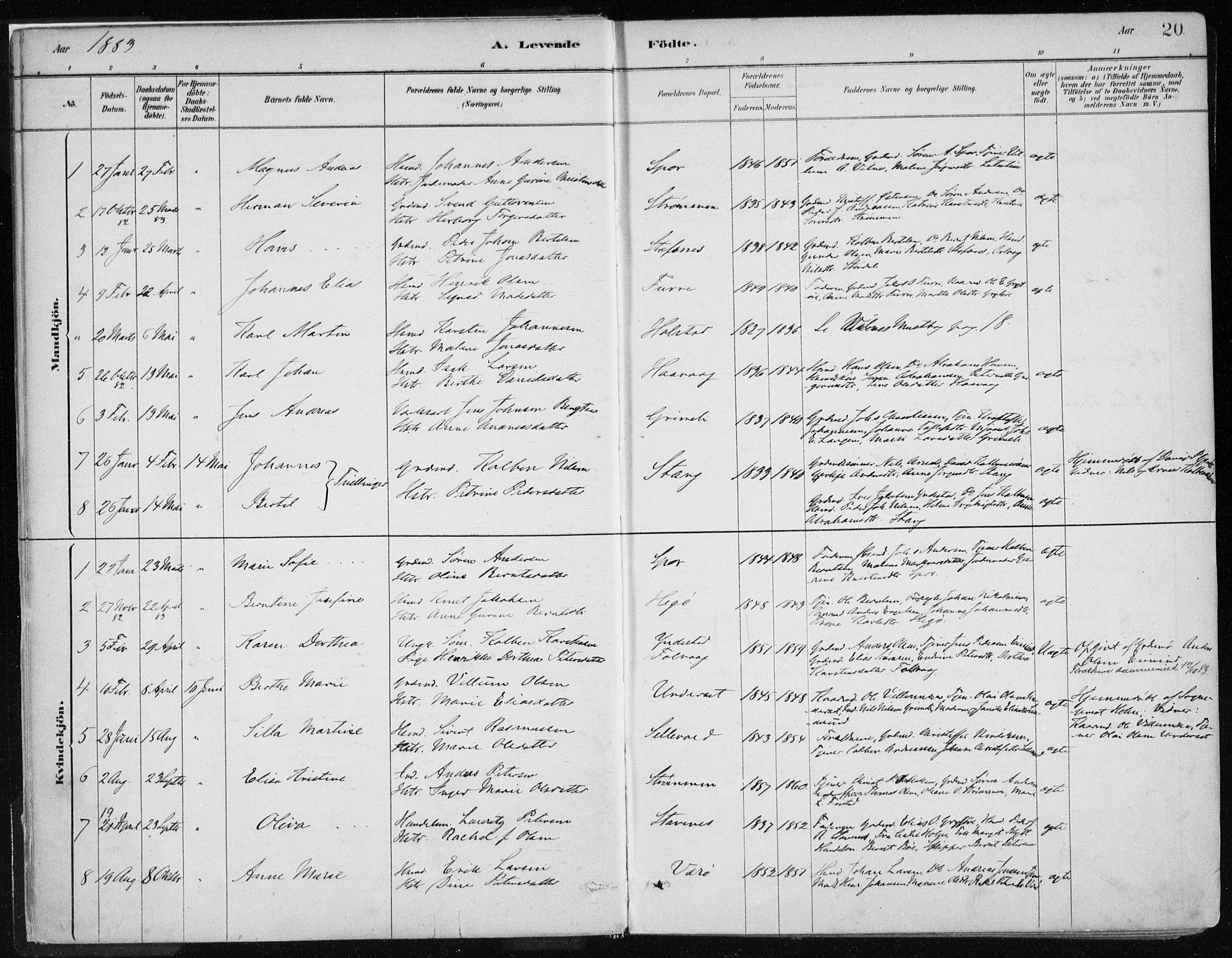 Askvoll sokneprestembete, SAB/A-79501/H/Haa/Haab/L0002: Parish register (official) no. B 2, 1879-1909, p. 20