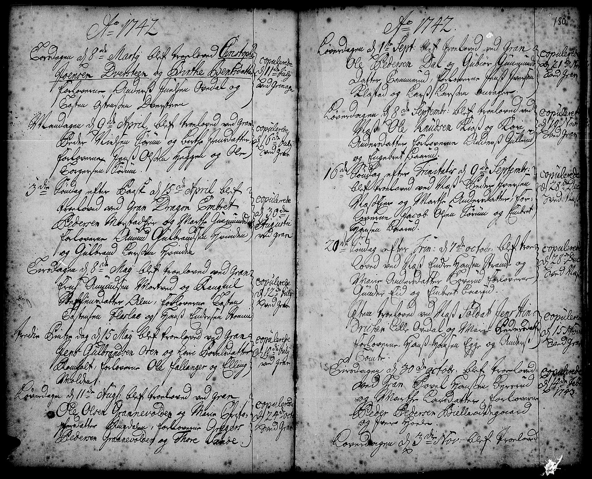 Gran prestekontor, AV/SAH-PREST-112/H/Ha/Haa/L0002: Parish register (official) no. 2, 1732-1744, p. 180