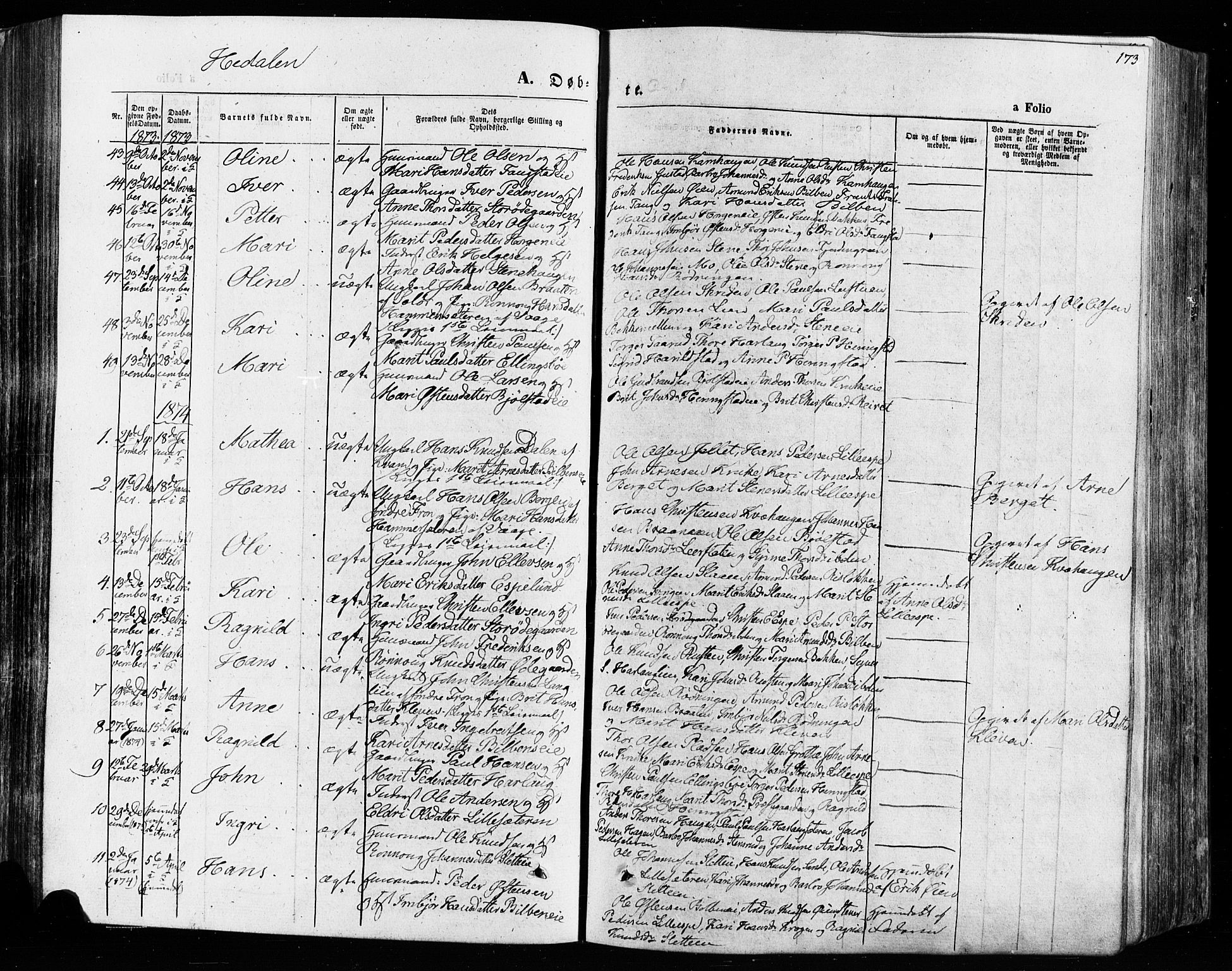 Vågå prestekontor, SAH/PREST-076/H/Ha/Haa/L0007: Parish register (official) no. 7 /2, 1873-1886, p. 173