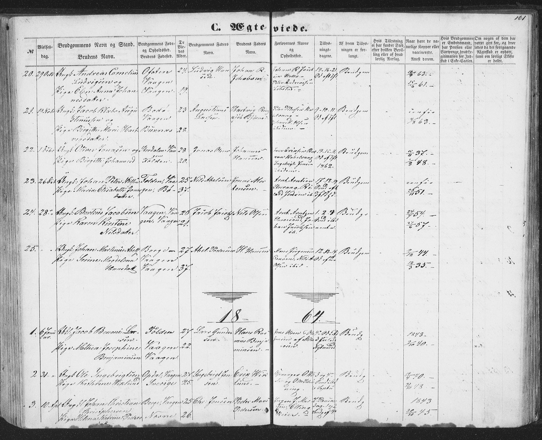 Ministerialprotokoller, klokkerbøker og fødselsregistre - Nordland, SAT/A-1459/874/L1073: Parish register (copy) no. 874C02, 1860-1870, p. 161