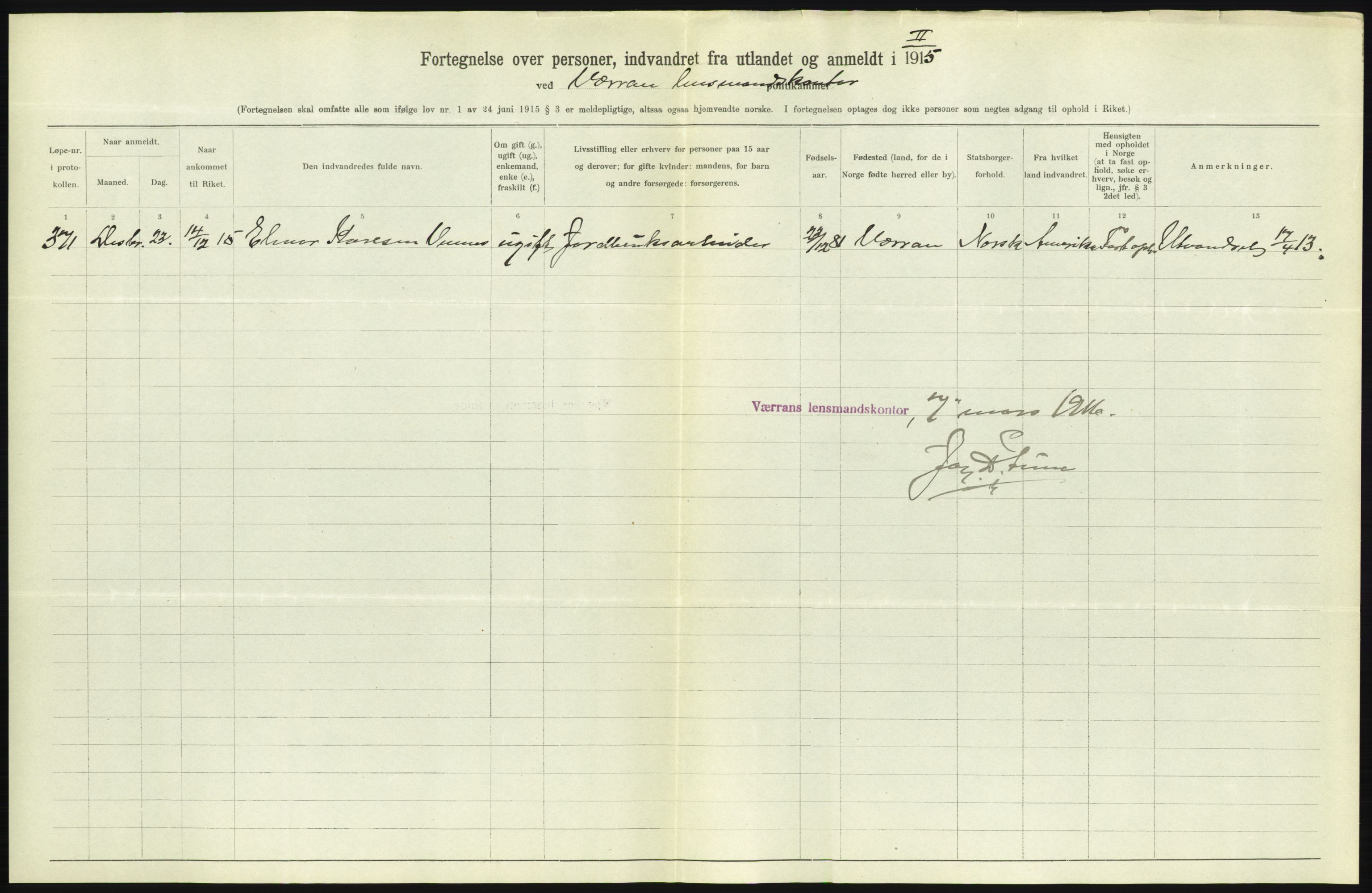 Statistisk sentralbyrå, Sosioøkonomiske emner, Folketellinger, boliger og boforhold, AV/RA-S-2231/F/Fa/L0001: Innvandring. Navn/fylkesvis, 1915, p. 556