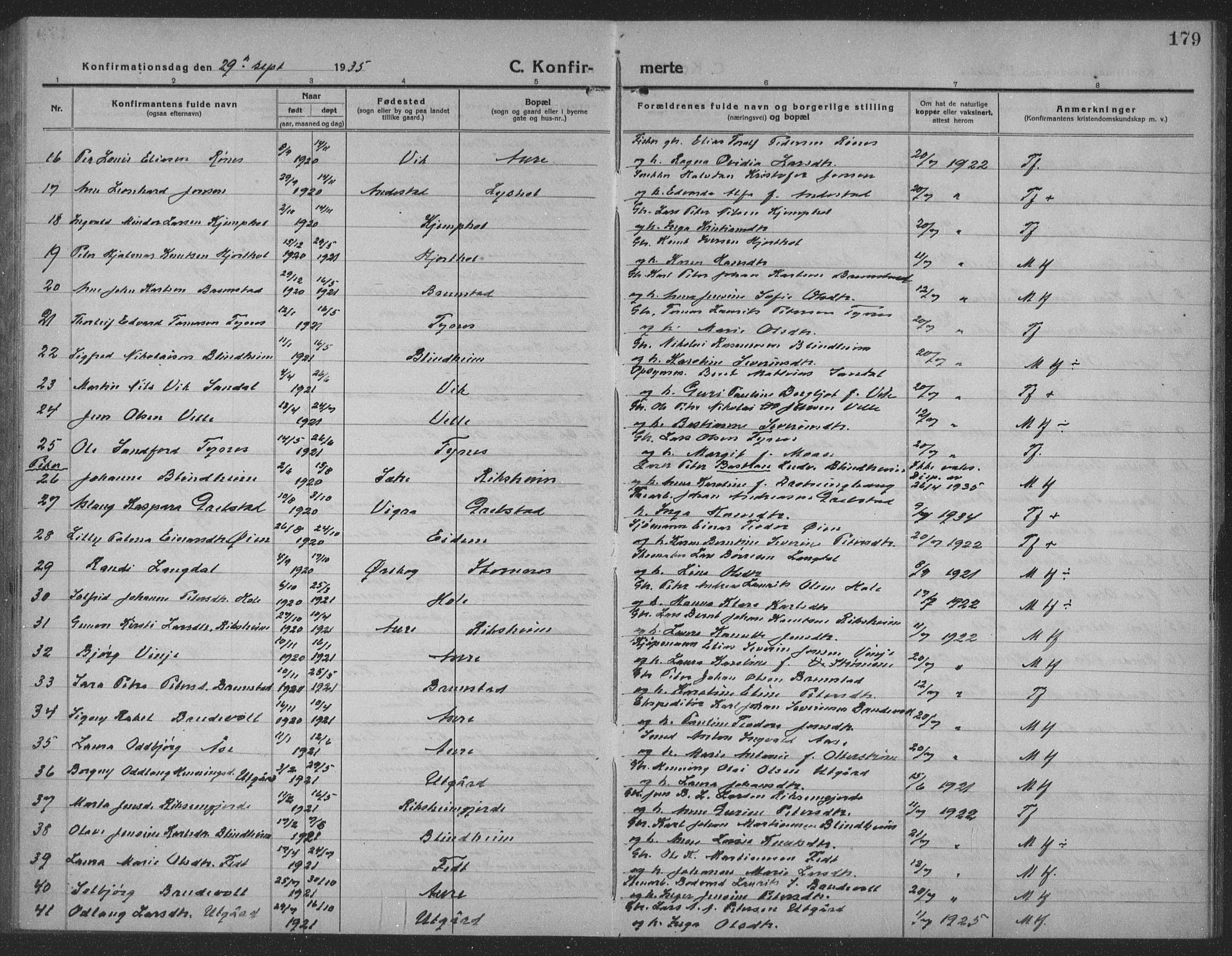 Ministerialprotokoller, klokkerbøker og fødselsregistre - Møre og Romsdal, AV/SAT-A-1454/523/L0342: Parish register (copy) no. 523C05, 1916-1937, p. 179