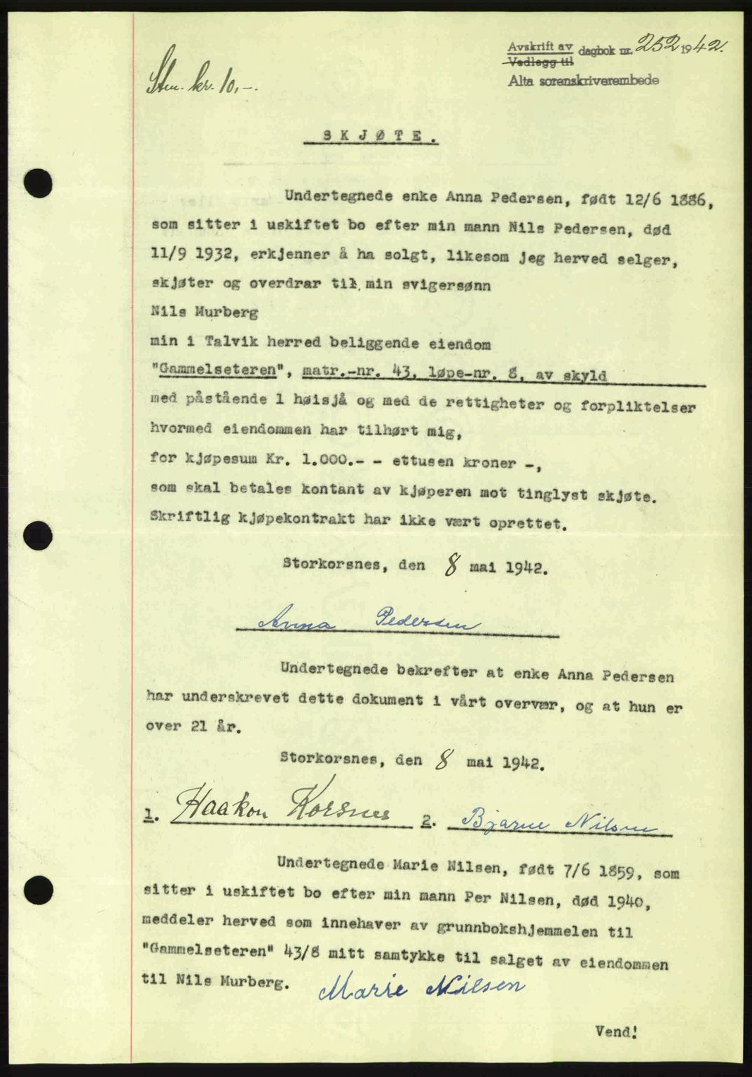 Alta fogderi/sorenskriveri, SATØ/SATØ-5/1/K/Kd/L0033pantebok: Mortgage book no. 33, 1940-1943, Diary no: : 252/1942