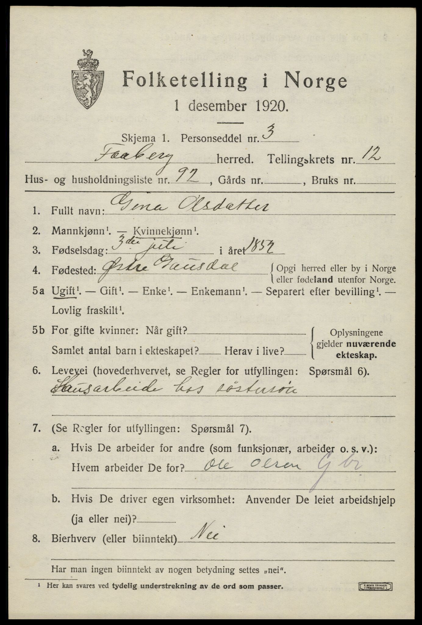 SAH, 1920 census for Fåberg, 1920, p. 13866