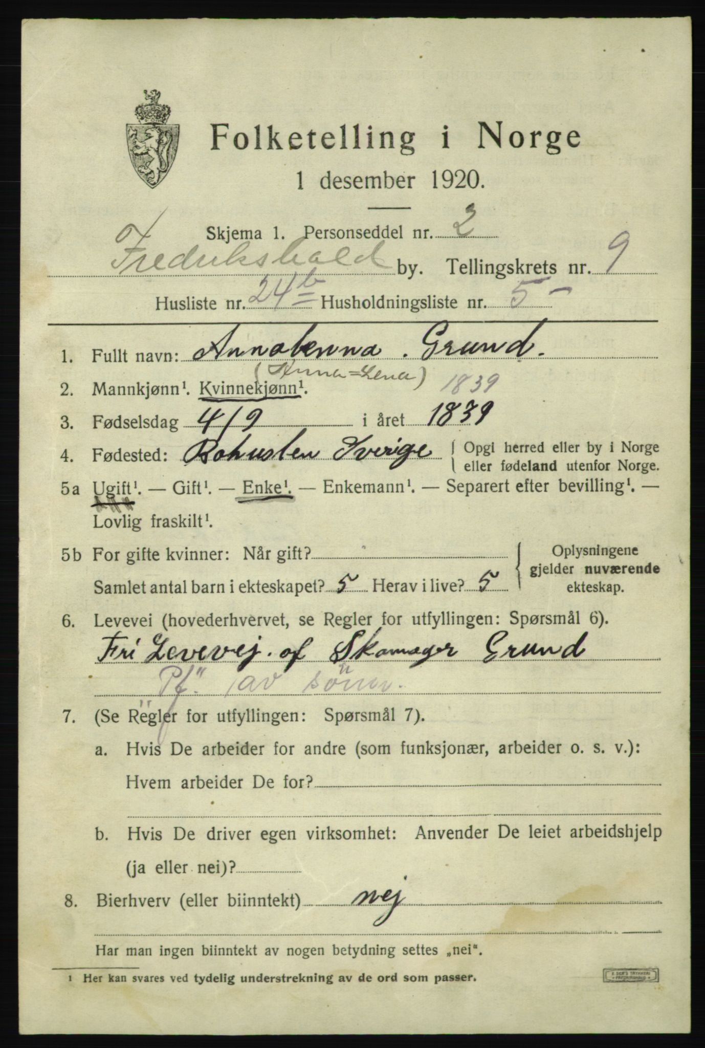 SAO, 1920 census for Fredrikshald, 1920, p. 16327