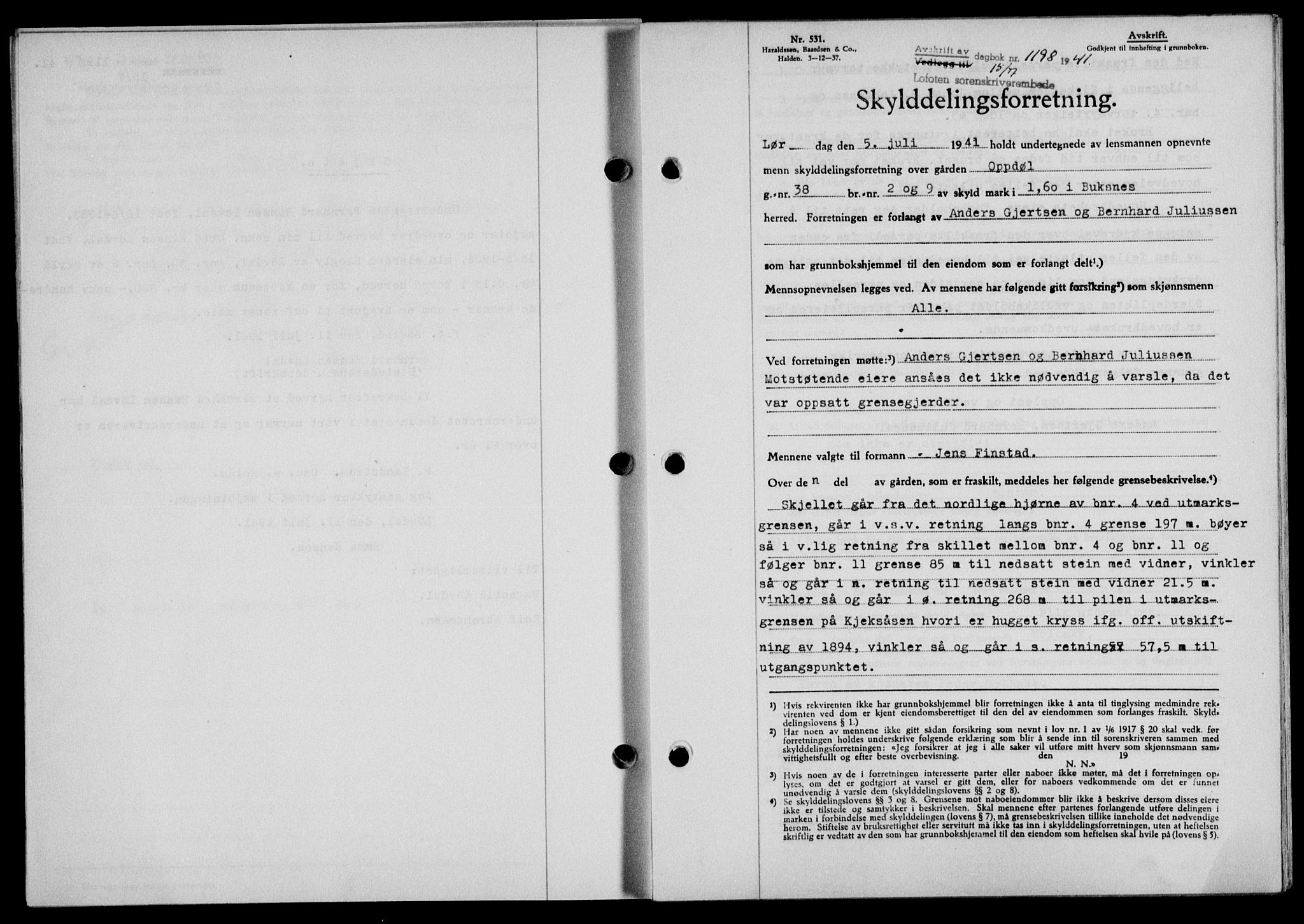 Lofoten sorenskriveri, SAT/A-0017/1/2/2C/L0008a: Mortgage book no. 8a, 1940-1941, Diary no: : 1198/1941