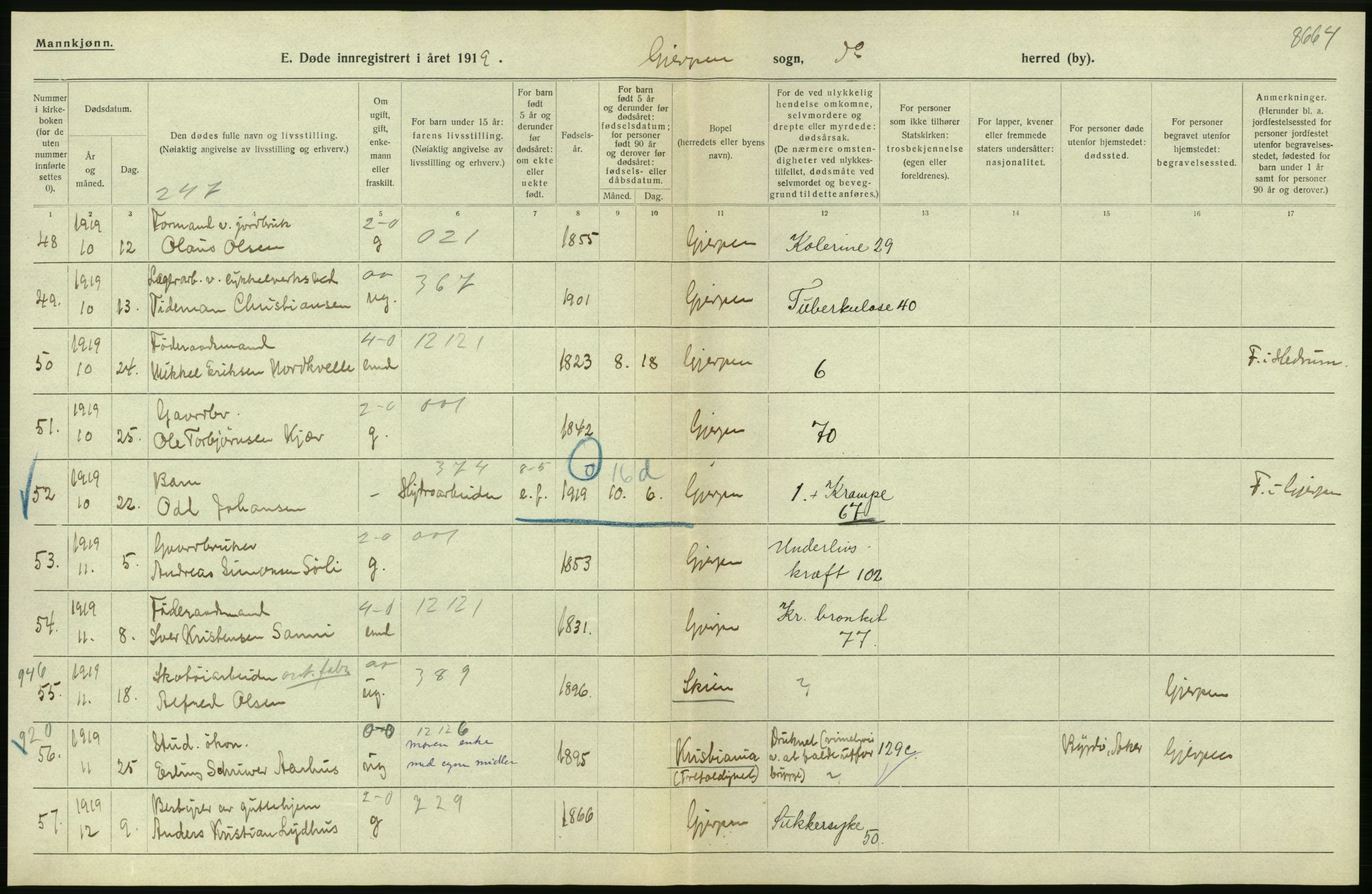 Statistisk sentralbyrå, Sosiodemografiske emner, Befolkning, AV/RA-S-2228/D/Df/Dfb/Dfbi/L0023: Telemark fylke: Døde. Bygder og byer., 1919, p. 52