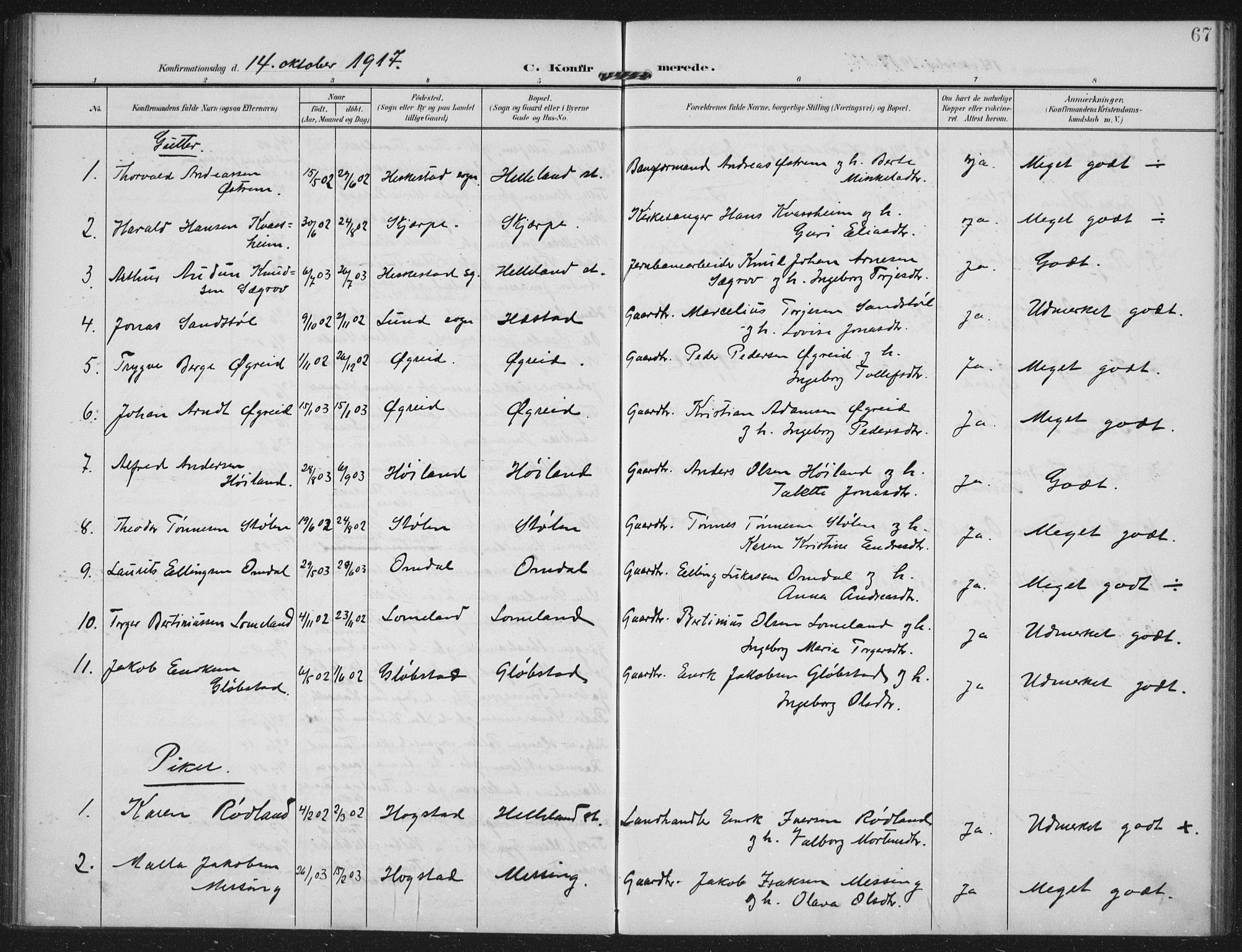 Helleland sokneprestkontor, AV/SAST-A-101810: Parish register (official) no. A 12, 1906-1923, p. 67