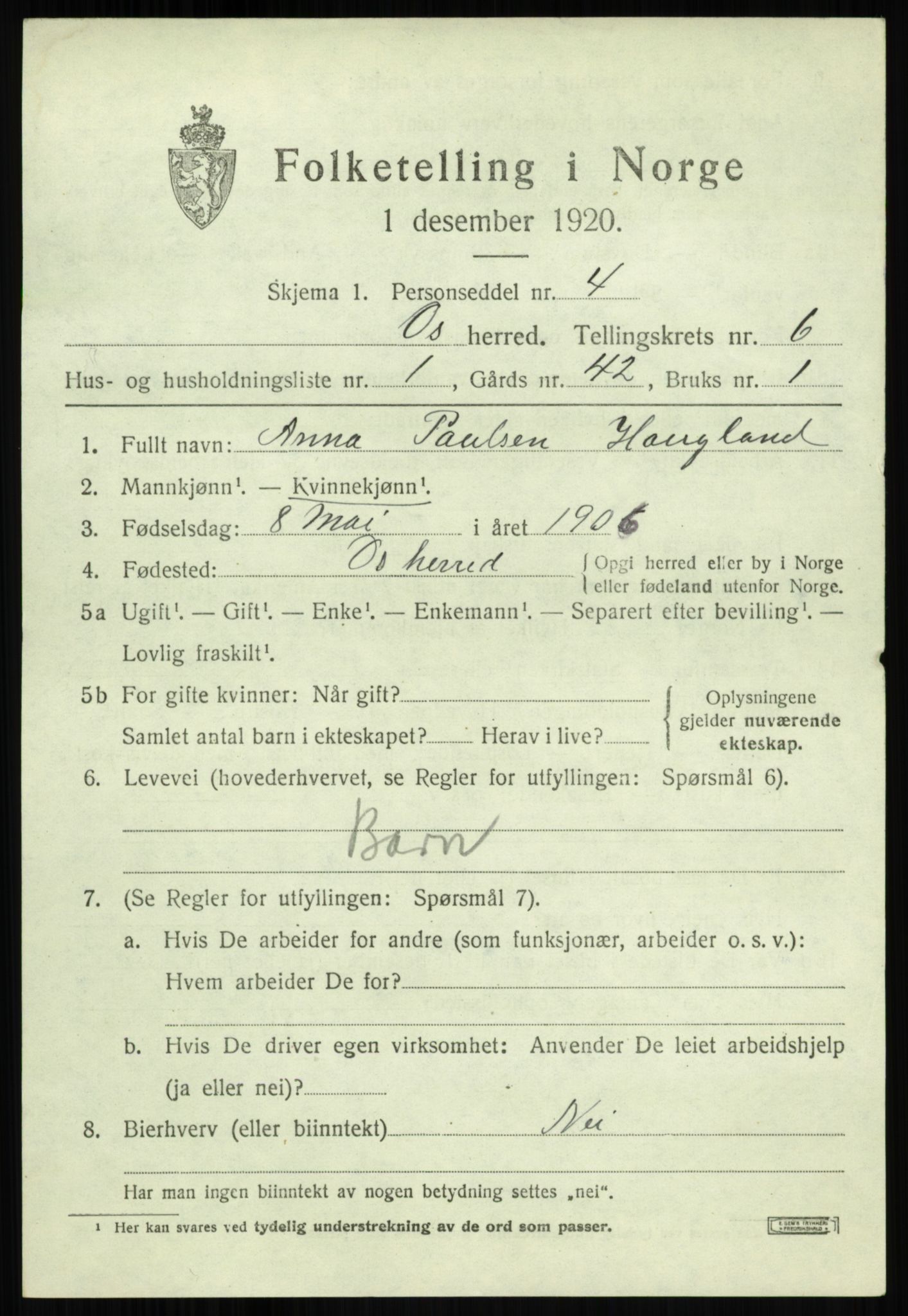 SAB, 1920 census for Os, 1920, p. 4826