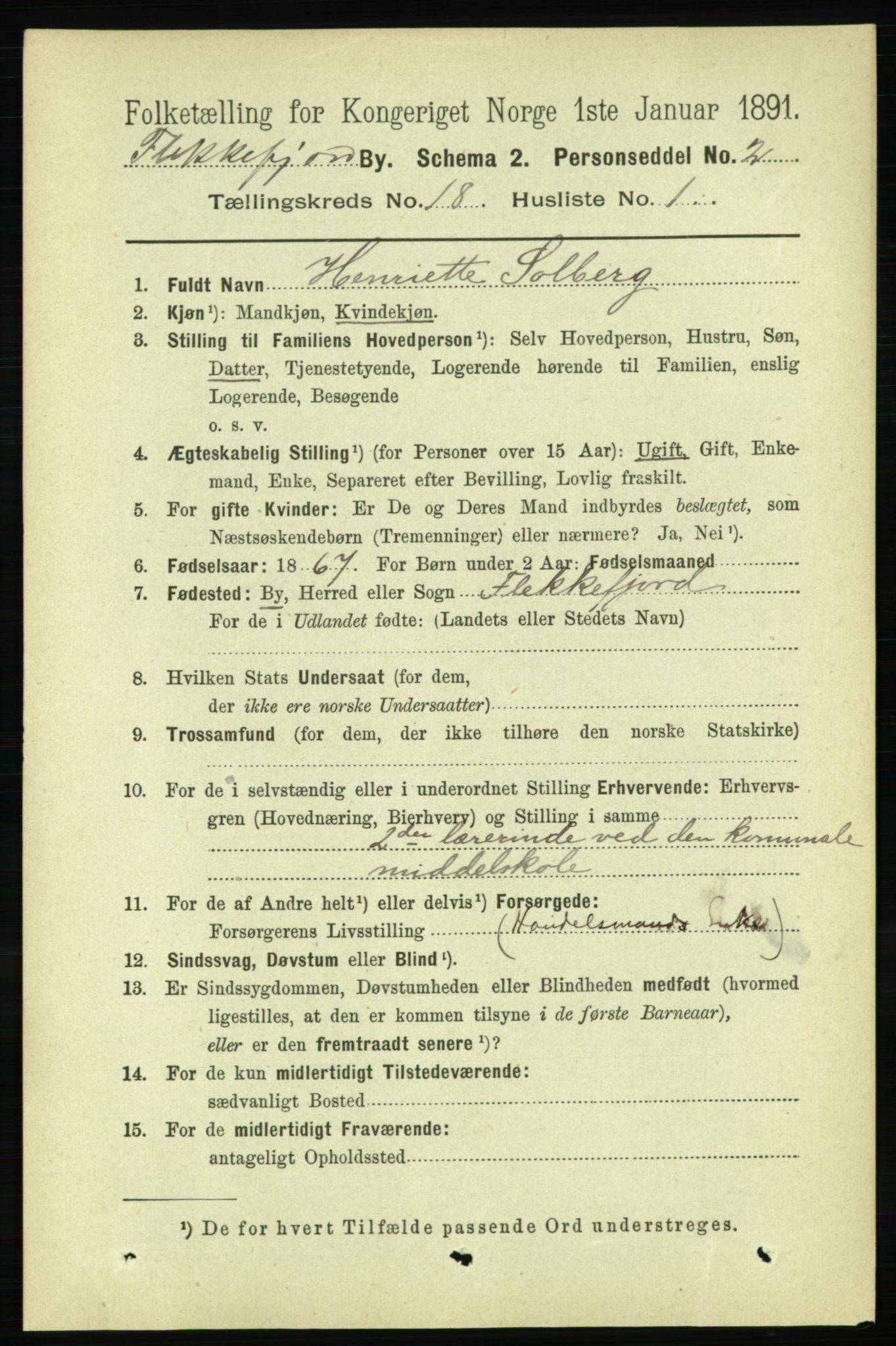 RA, 1891 census for 1004 Flekkefjord, 1891, p. 2247