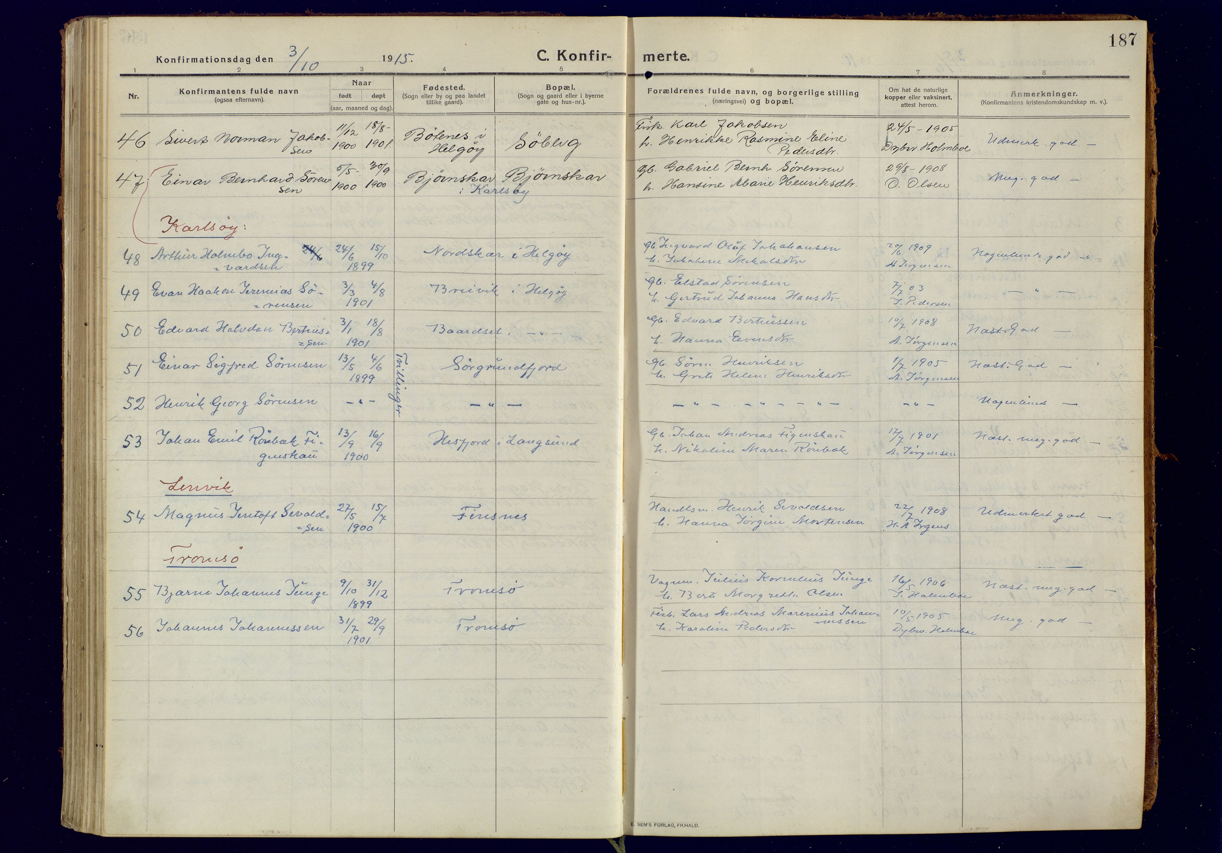 Tromsøysund sokneprestkontor, SATØ/S-1304/G/Ga/L0008kirke: Parish register (official) no. 8, 1914-1922, p. 187
