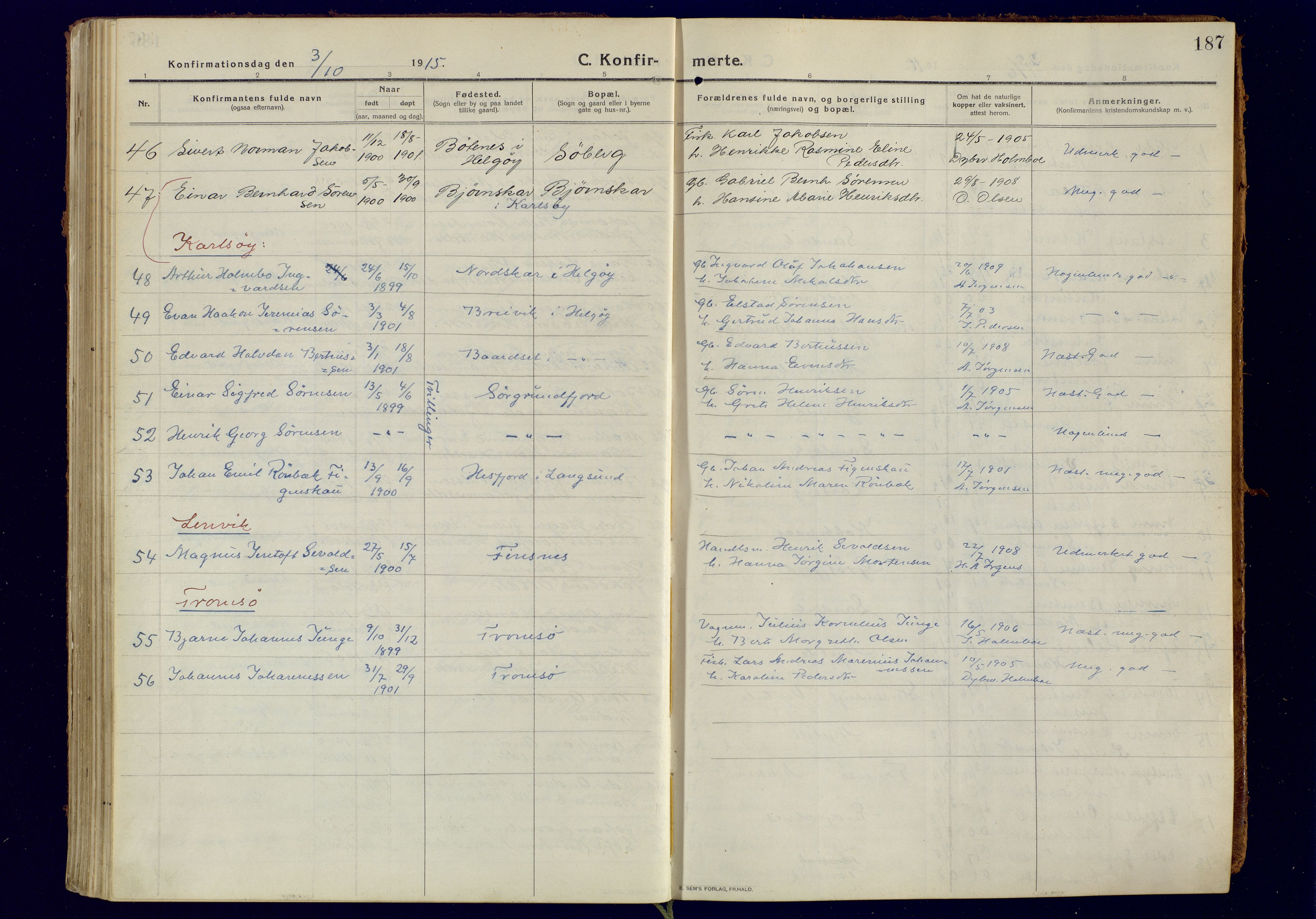 Tromsøysund sokneprestkontor, AV/SATØ-S-1304/G/Ga/L0008kirke: Parish register (official) no. 8, 1914-1922, p. 187