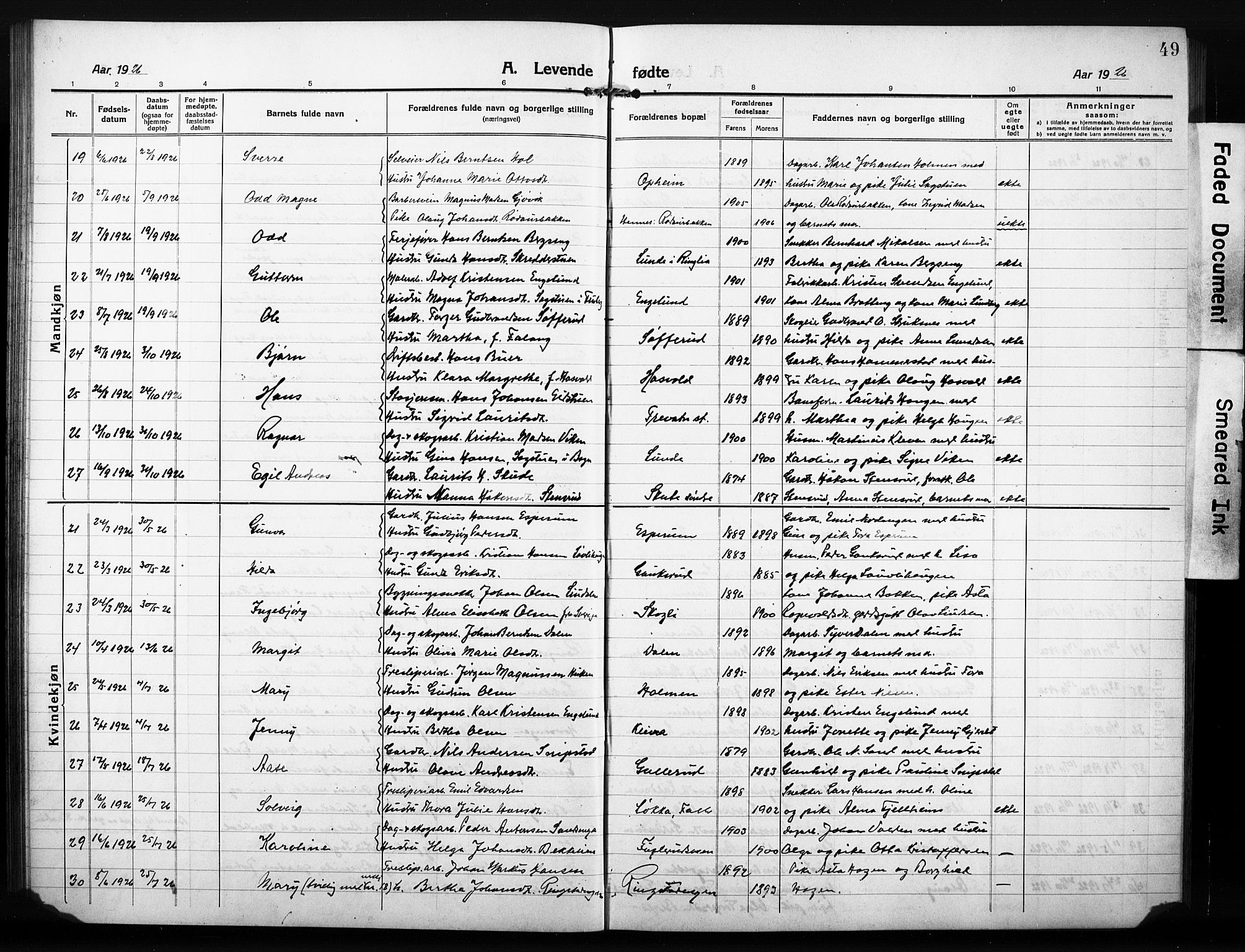 Søndre Land prestekontor, AV/SAH-PREST-122/L/L0007: Parish register (copy) no. 7, 1915-1932, p. 49