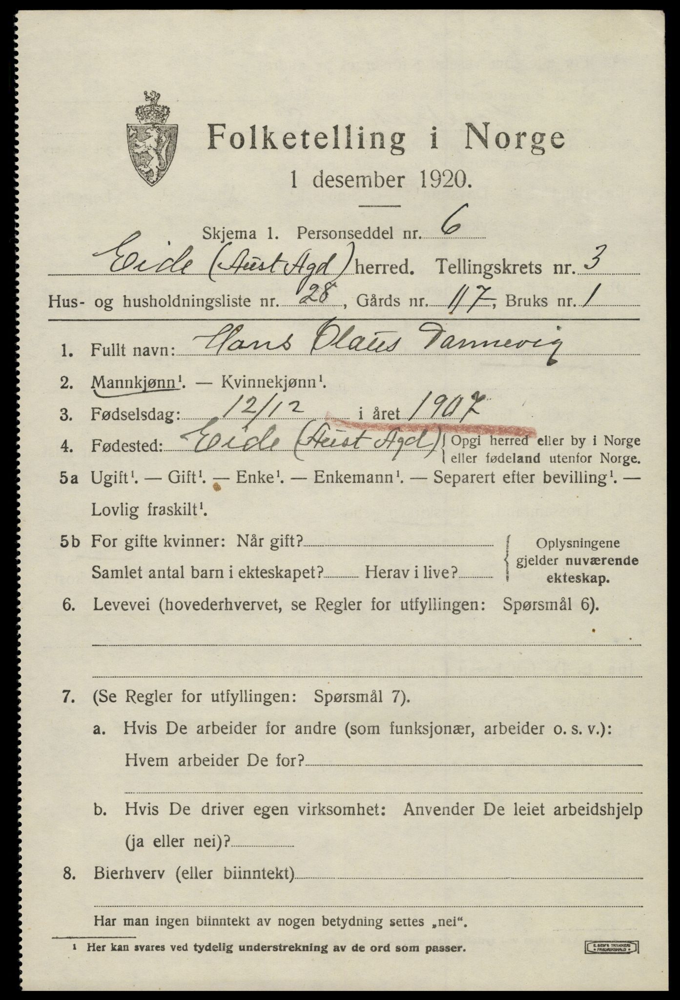 SAK, 1920 census for Eide, 1920, p. 1146