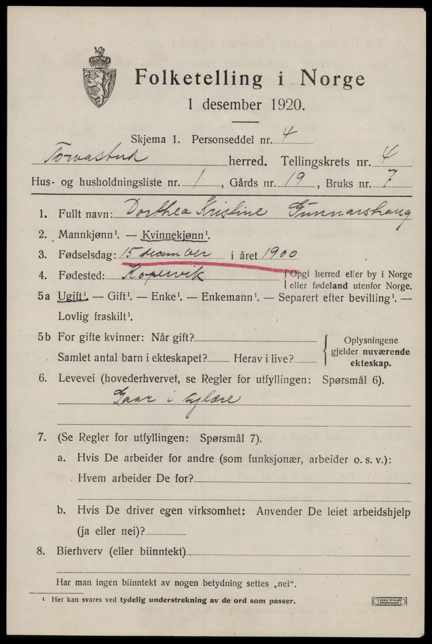 SAST, 1920 census for Torvastad, 1920, p. 3624