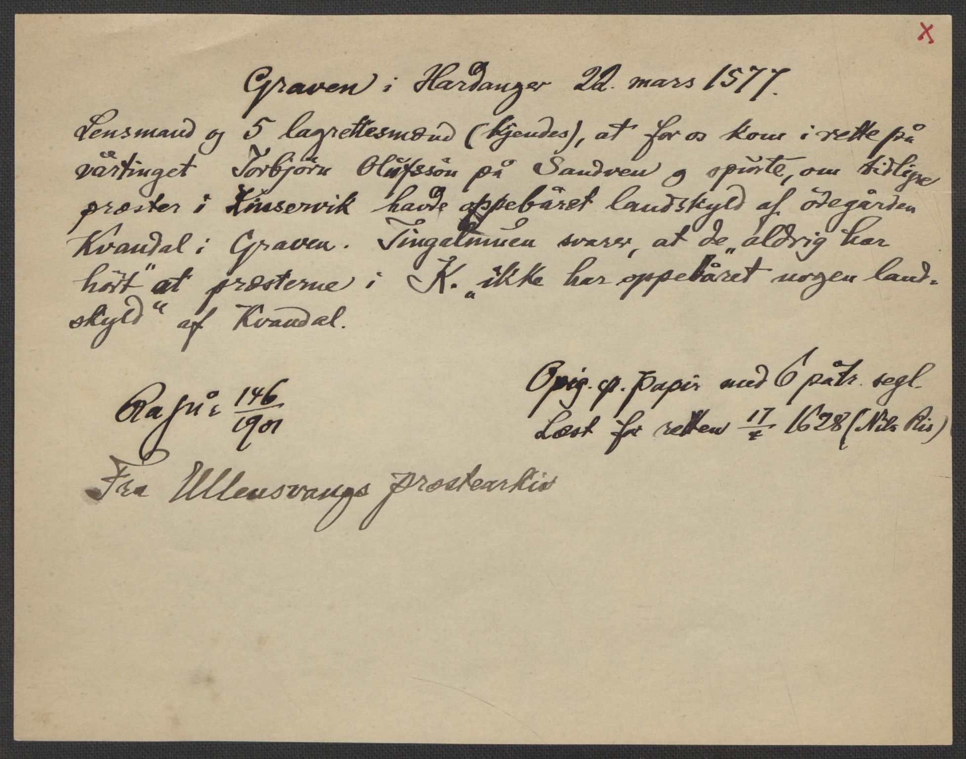 Riksarkivets diplomsamling, AV/RA-EA-5965/F15/L0037: Prestearkiv - Hordaland, 1577-1733, p. 4