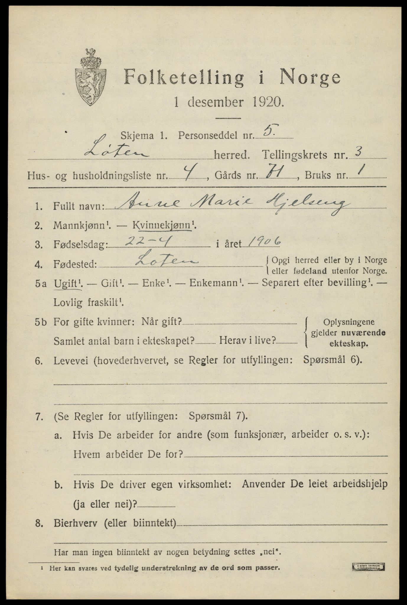 SAH, 1920 census for Løten, 1920, p. 7345