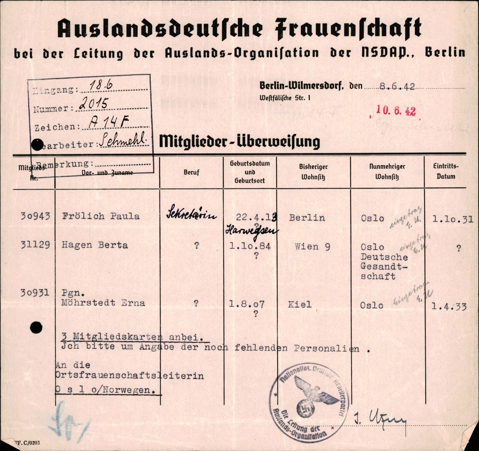 Forsvarets Overkommando. 2 kontor. Arkiv 11.4. Spredte tyske arkivsaker, AV/RA-RAFA-7031/D/Dar/Darb/L0015: Reichskommissariat - NSDAP in Norwegen, 1938-1945, p. 600