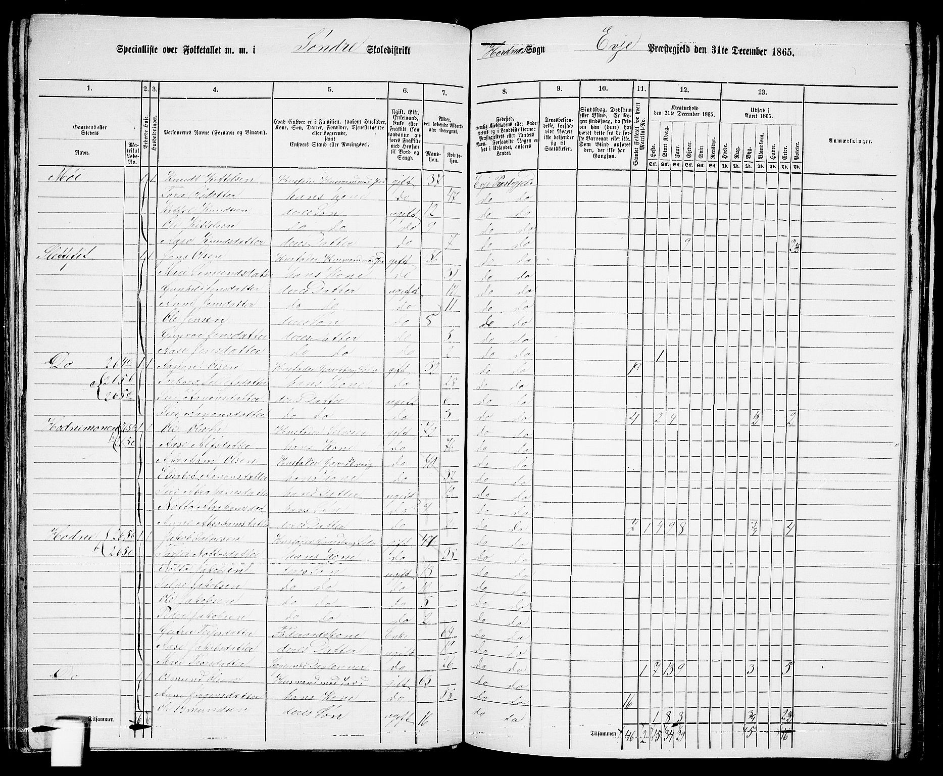 RA, 1865 census for Evje, 1865, p. 121