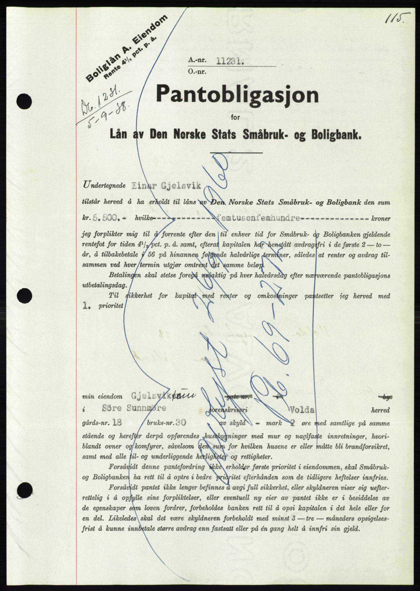 Søre Sunnmøre sorenskriveri, AV/SAT-A-4122/1/2/2C/L0066: Mortgage book no. 60, 1938-1938, Diary no: : 1231/1938