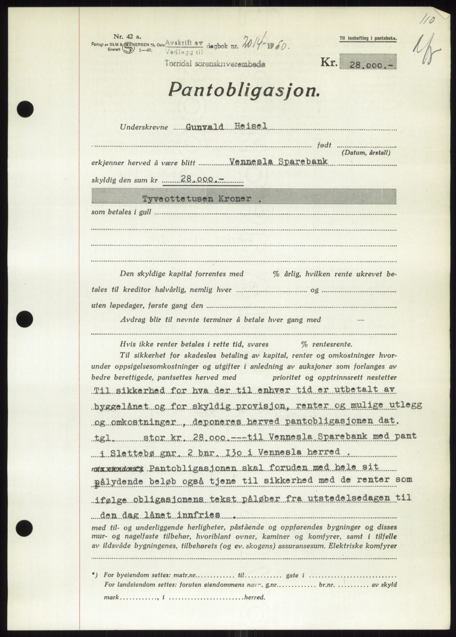 Torridal sorenskriveri, AV/SAK-1221-0012/G/Gb/Gbb/L0020: Mortgage book no. 63B, 1950-1950, Diary no: : 2014/1950