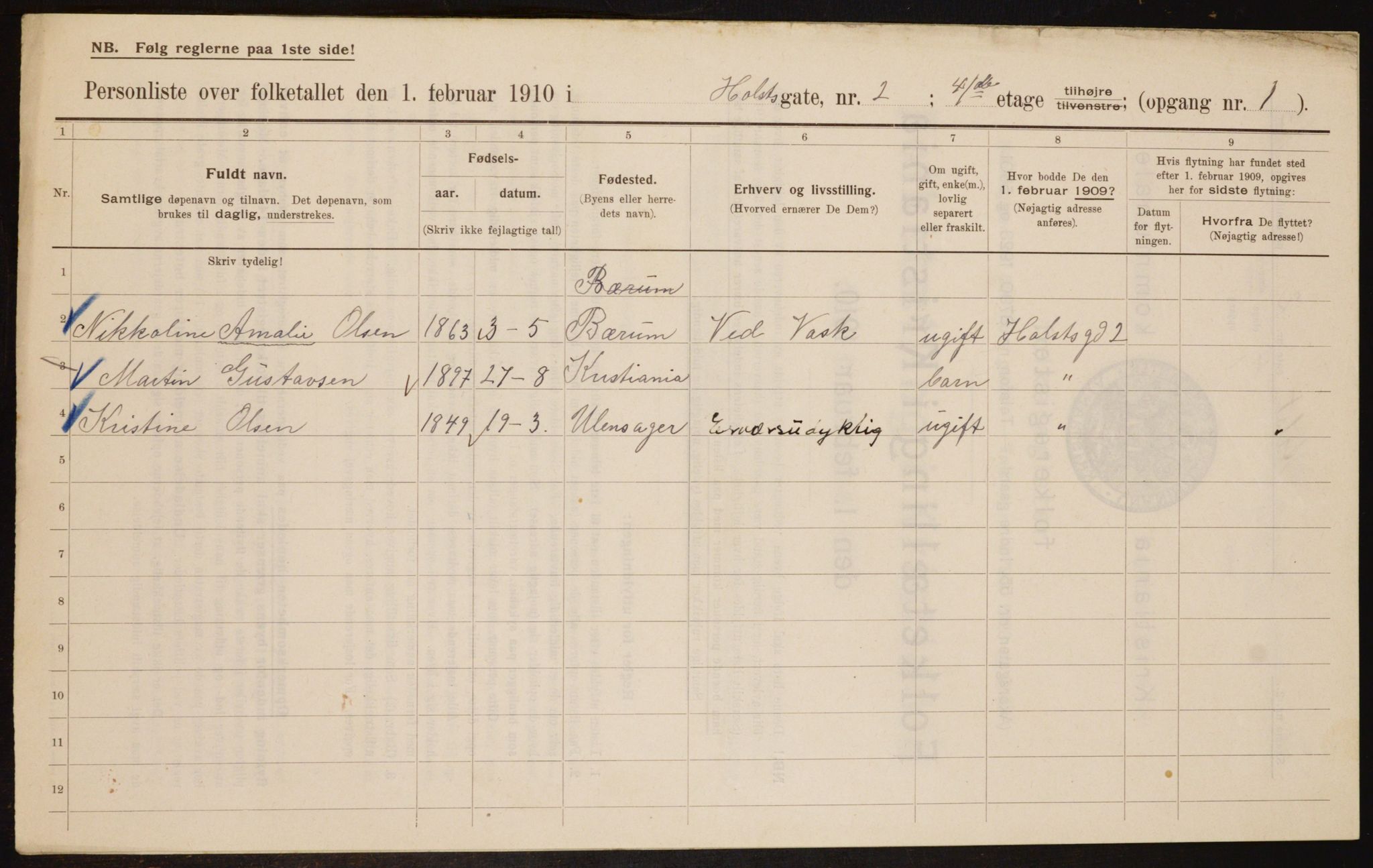 OBA, Municipal Census 1910 for Kristiania, 1910, p. 40126