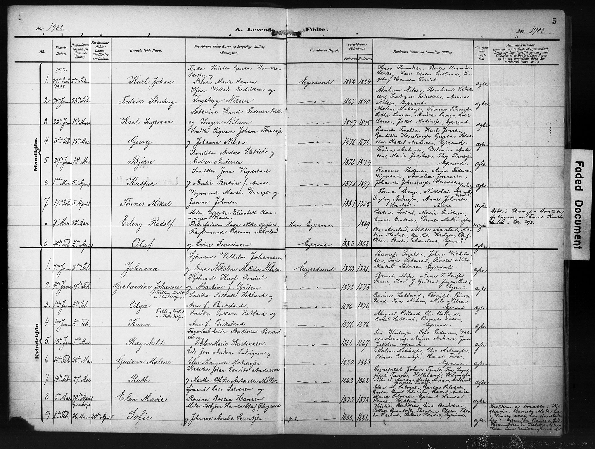 Eigersund sokneprestkontor, SAST/A-101807/S09/L0012: Parish register (copy) no. B 12, 1908-1930, p. 5