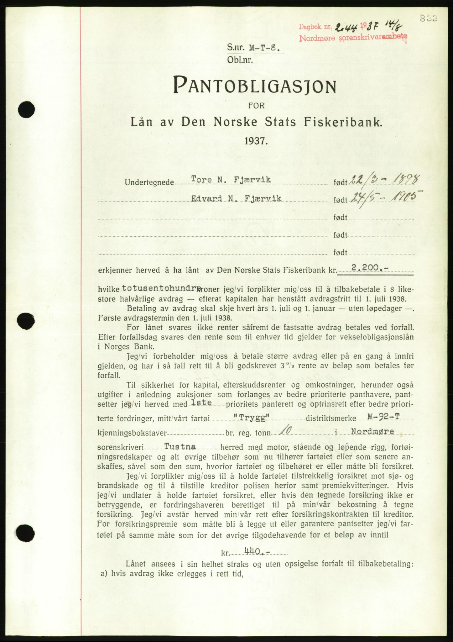 Nordmøre sorenskriveri, AV/SAT-A-4132/1/2/2Ca/L0091: Mortgage book no. B81, 1937-1937, Diary no: : 2044/1937