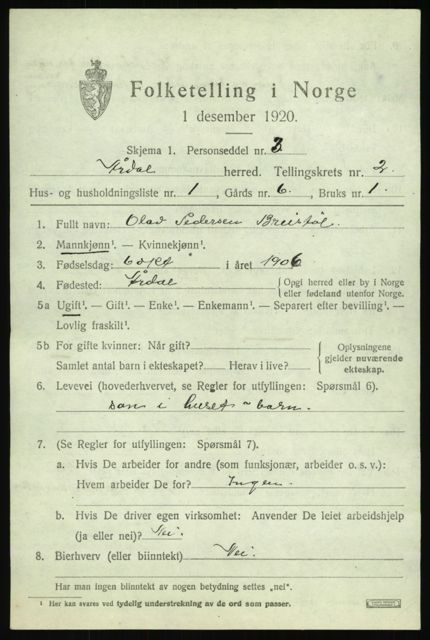 SAB, 1920 census for Årdal, 1920, p. 869