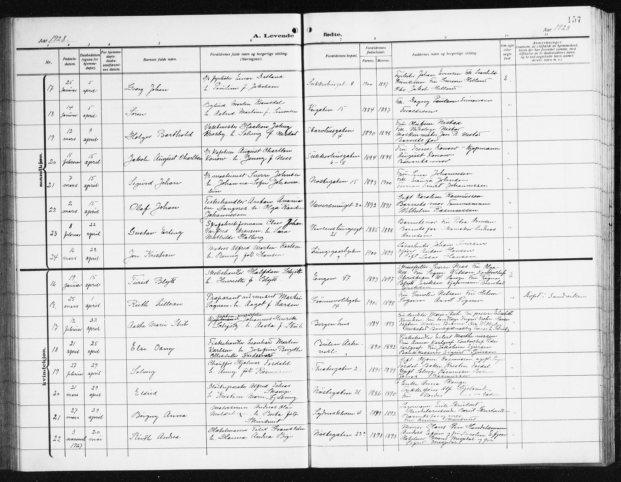 Domkirken sokneprestembete, AV/SAB-A-74801/H/Hab/L0018: Parish register (copy) no. B 11, 1915-1942, p. 157