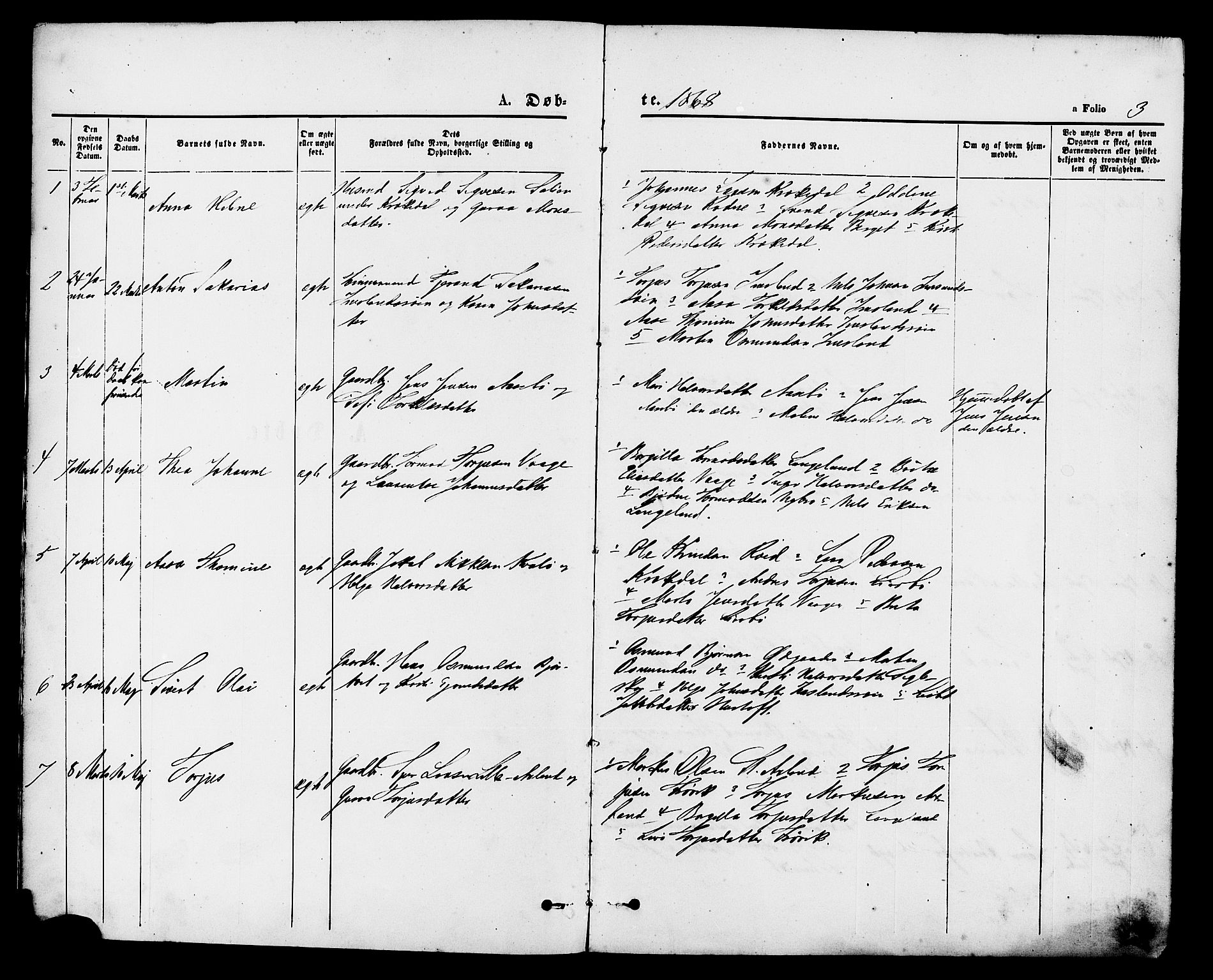 Vikedal sokneprestkontor, AV/SAST-A-101840/01/IV: Parish register (official) no. A 9, 1868-1885, p. 3